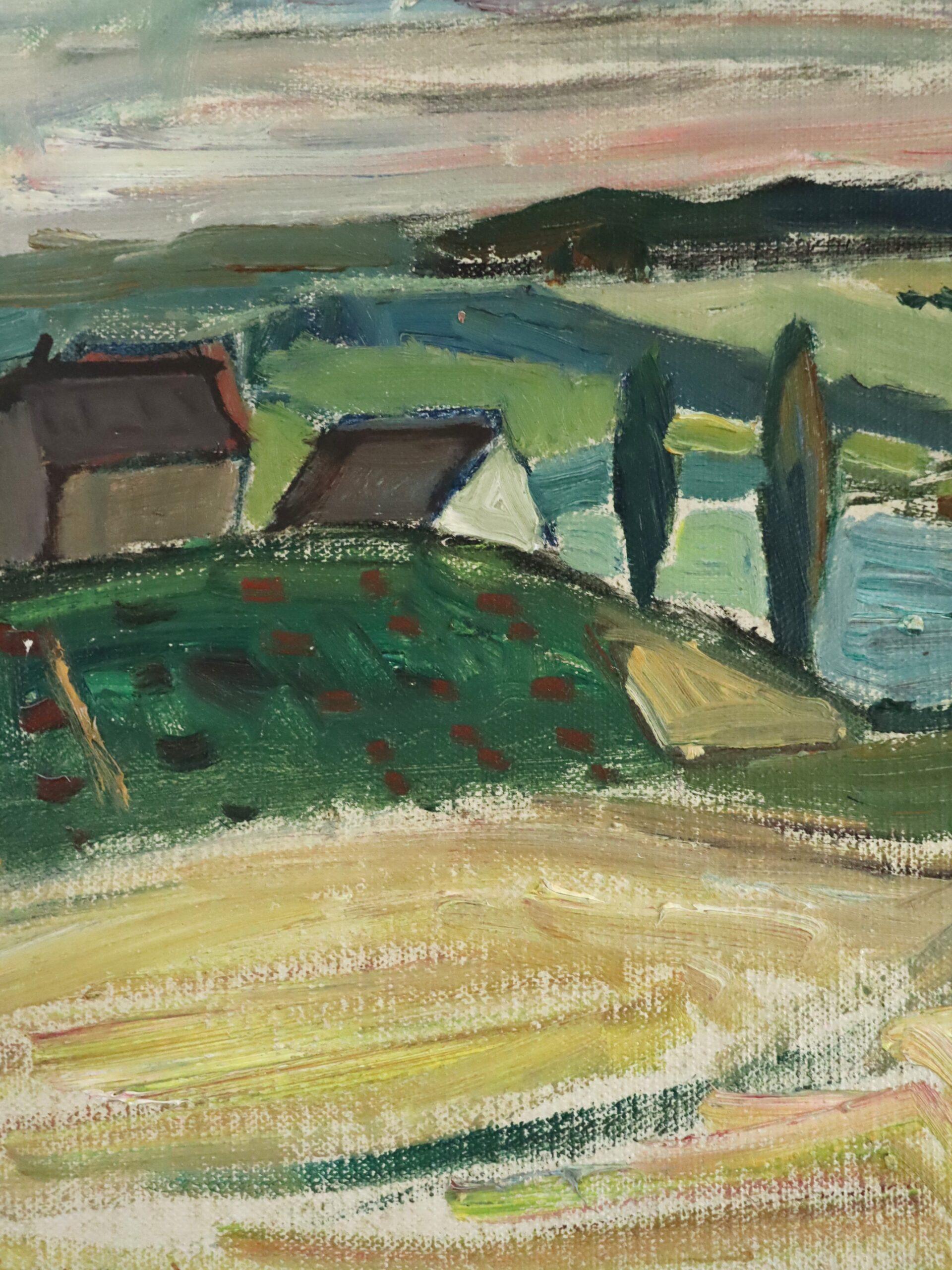 Mid Century Modern Swedish Landscape Oil Painting - View Over the Valley im Angebot 6