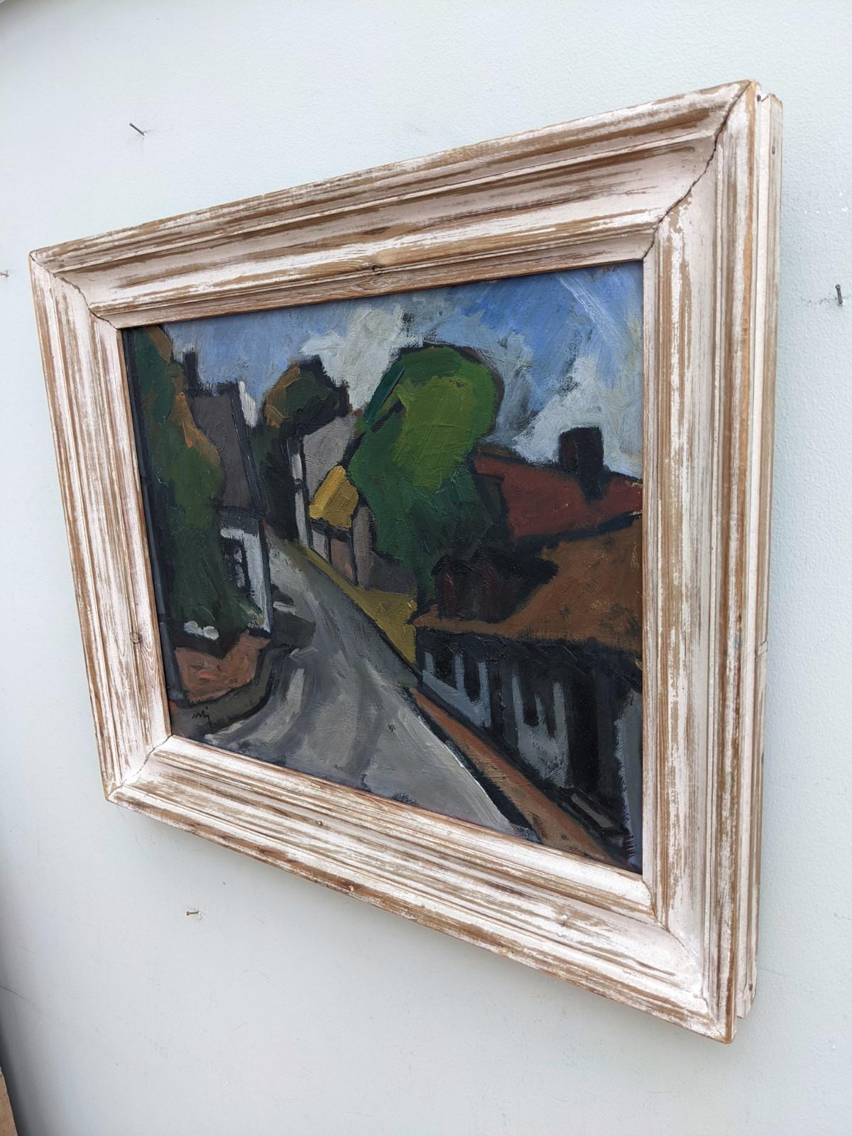 Little Village
Size: 43 x 52 cm (including frame)
Oil on canvas

A striking and energetic mid-century expressionist street scene composition, executed in oil onto board.

In this charming composition, a selection of bold and lively colours have been