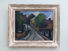 Mid-Century Modern Swedish "Little Village" Vintage Oil Painting, Framed