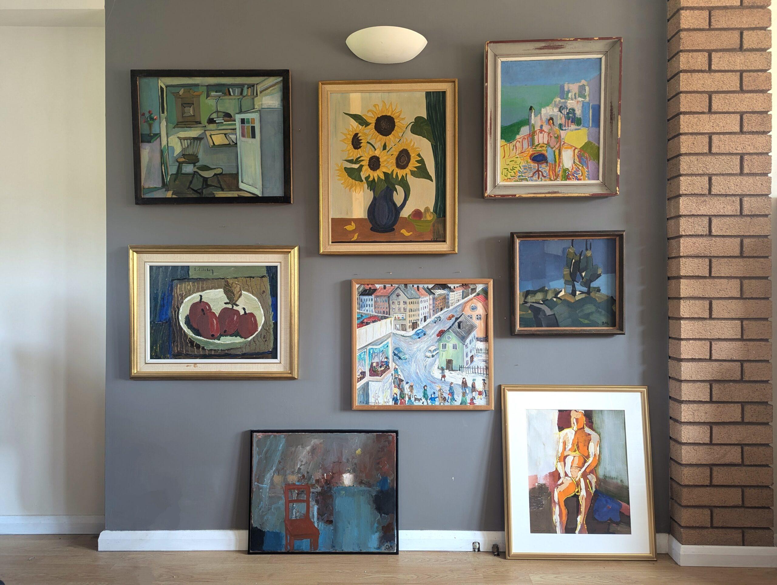 Mid Century Modern Schwedisch Lebendiges Stillleben Ölgemälde - Sonnenblumen & Obst im Angebot 6