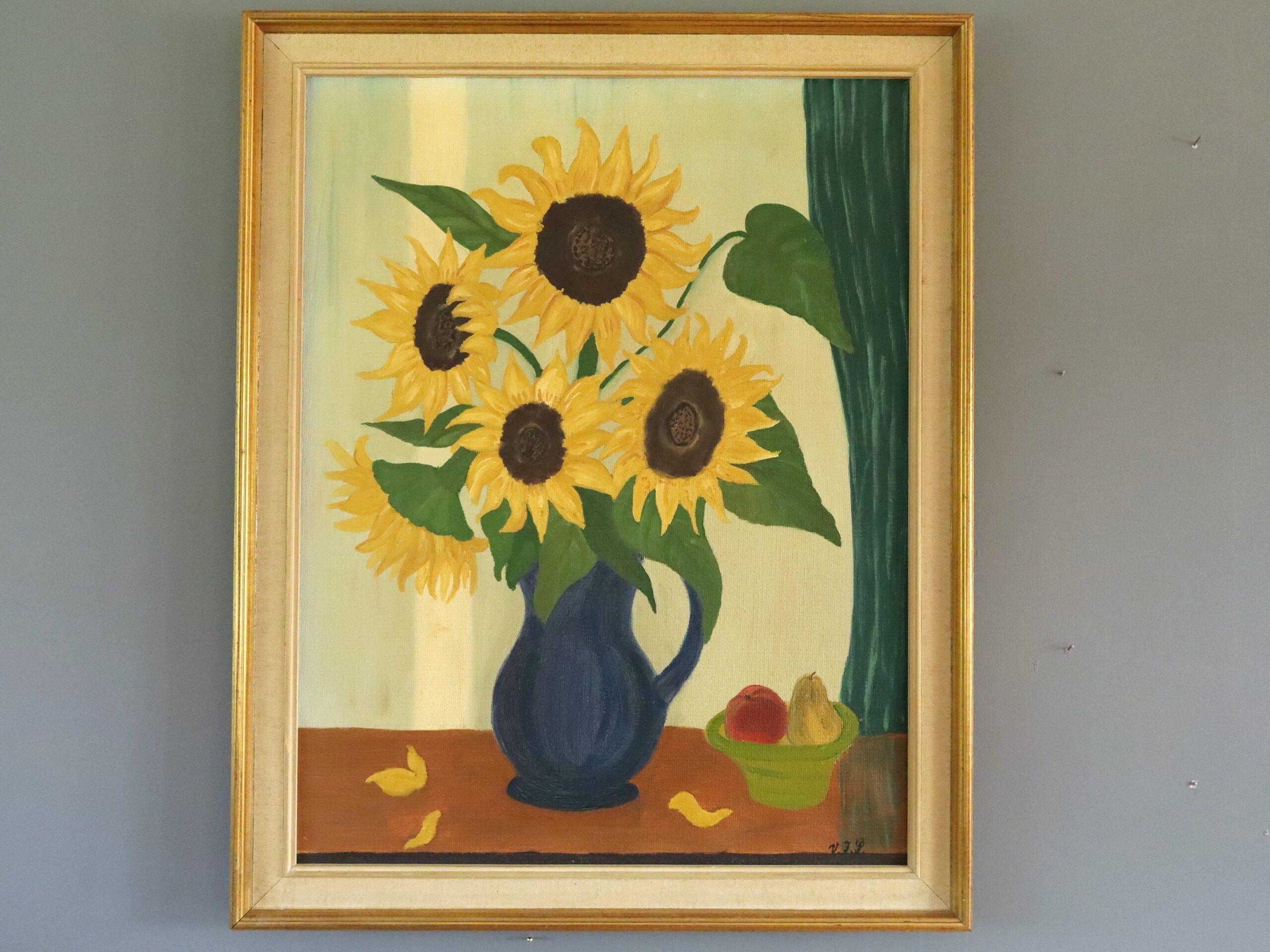 Mid Century Modern Schwedisch Lebendiges Stillleben Ölgemälde - Sonnenblumen & Obst – Painting von Unknown