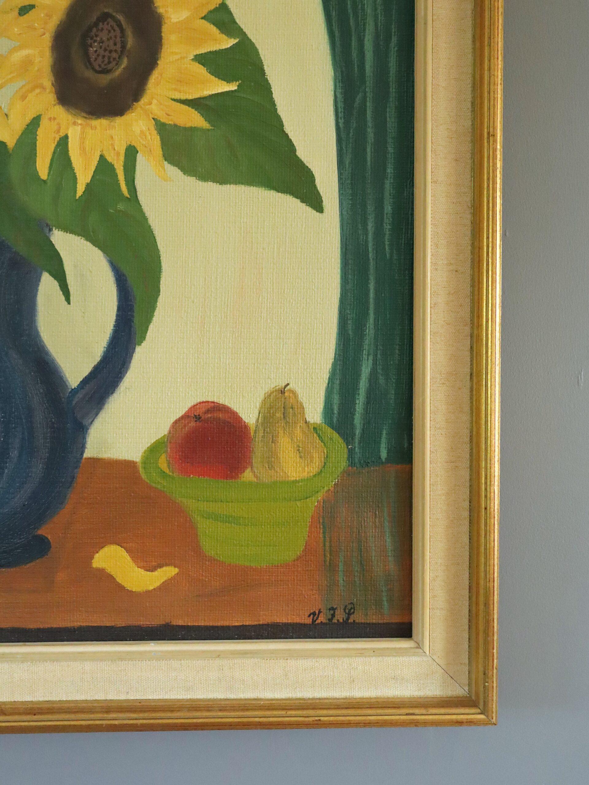 Mid Century Modern Schwedisch Lebendiges Stillleben Ölgemälde - Sonnenblumen & Obst im Angebot 2
