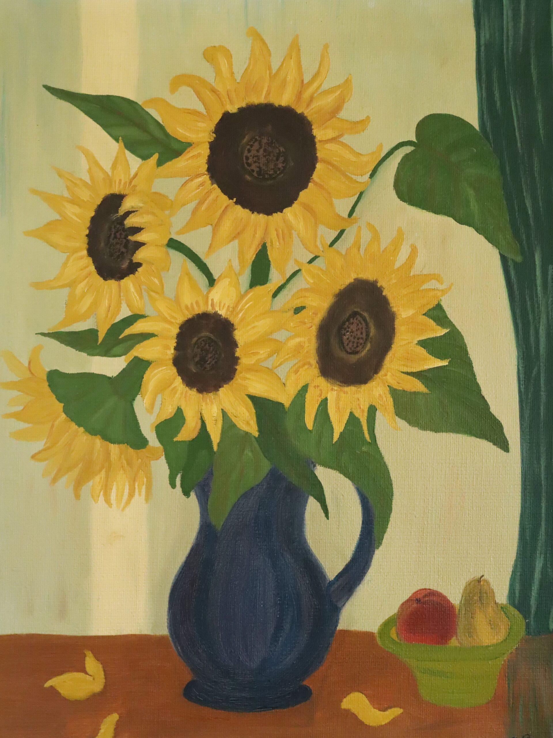 Mid Century Modern Schwedisch Lebendiges Stillleben Ölgemälde - Sonnenblumen & Obst im Angebot 3