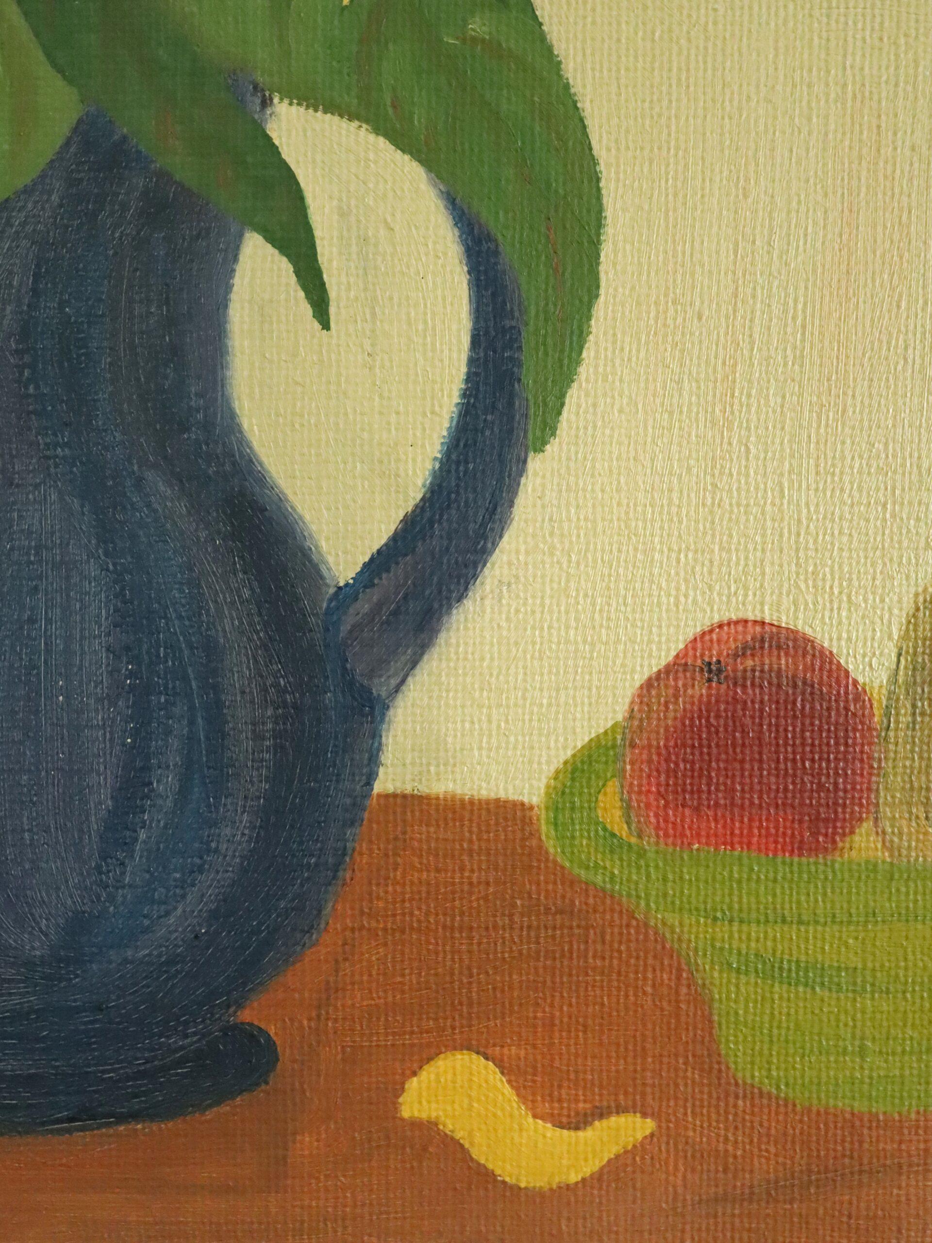 Mid Century Modern Schwedisch Lebendiges Stillleben Ölgemälde - Sonnenblumen & Obst im Angebot 4