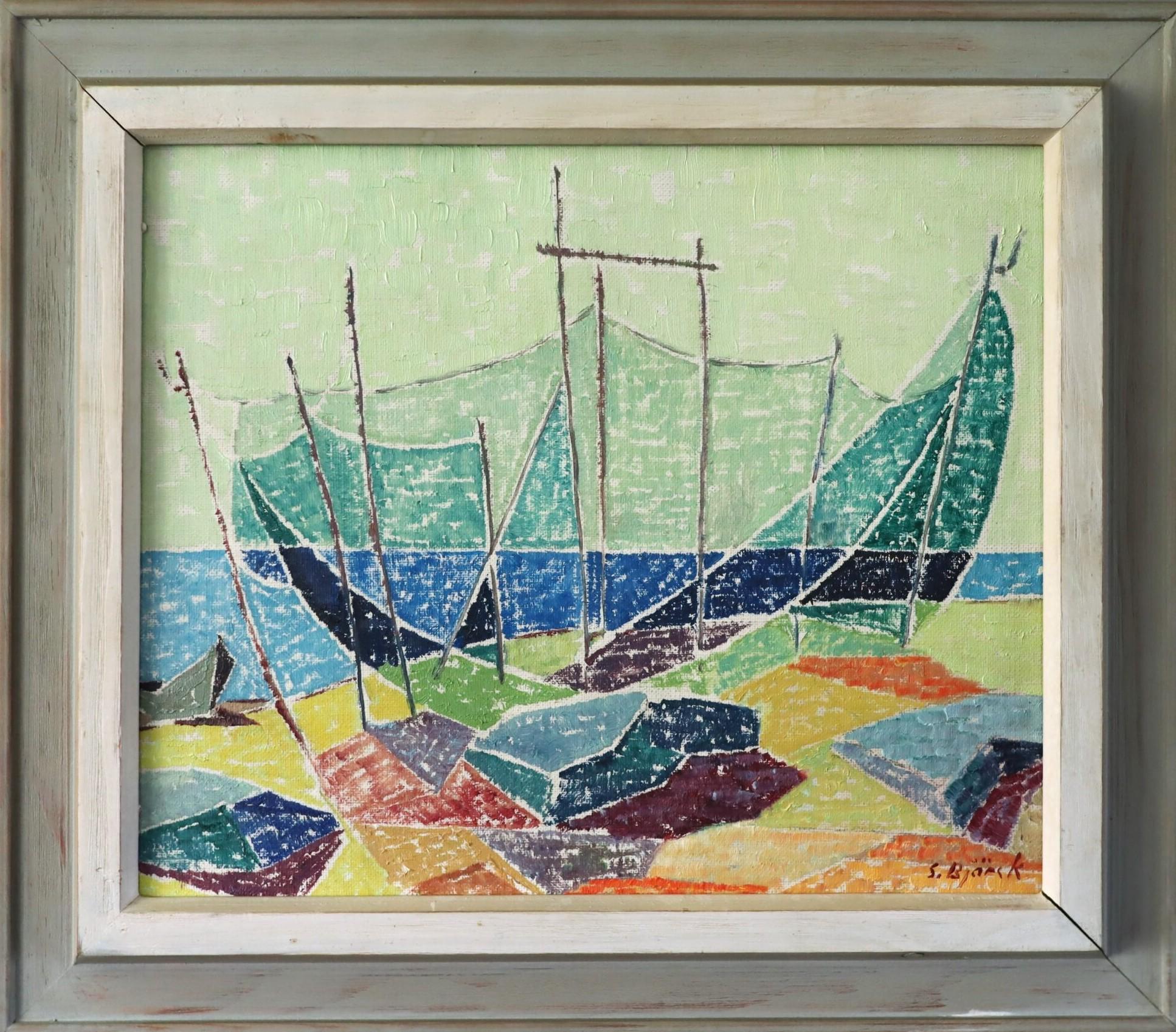 Mid Century Modern Swedish Mini Coastal Landscape Oil Painting -Shoreline Colour