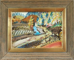 Mid Century Modern Swedish Mini Expressive Landscape Oil Painting - Autumn Path