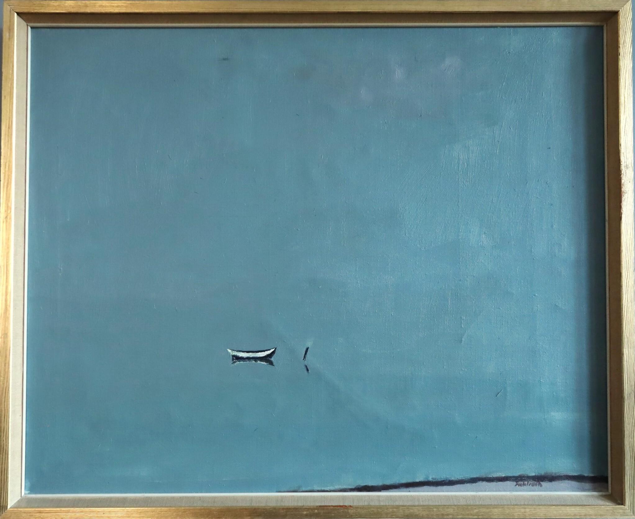 Mid Century Modern Swedish Minimalist Seascape Oil Painting - A Moment at Sea
