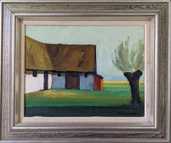 Mid-Century Modern Swedish Oil Painting, Framed Landscape - Barns