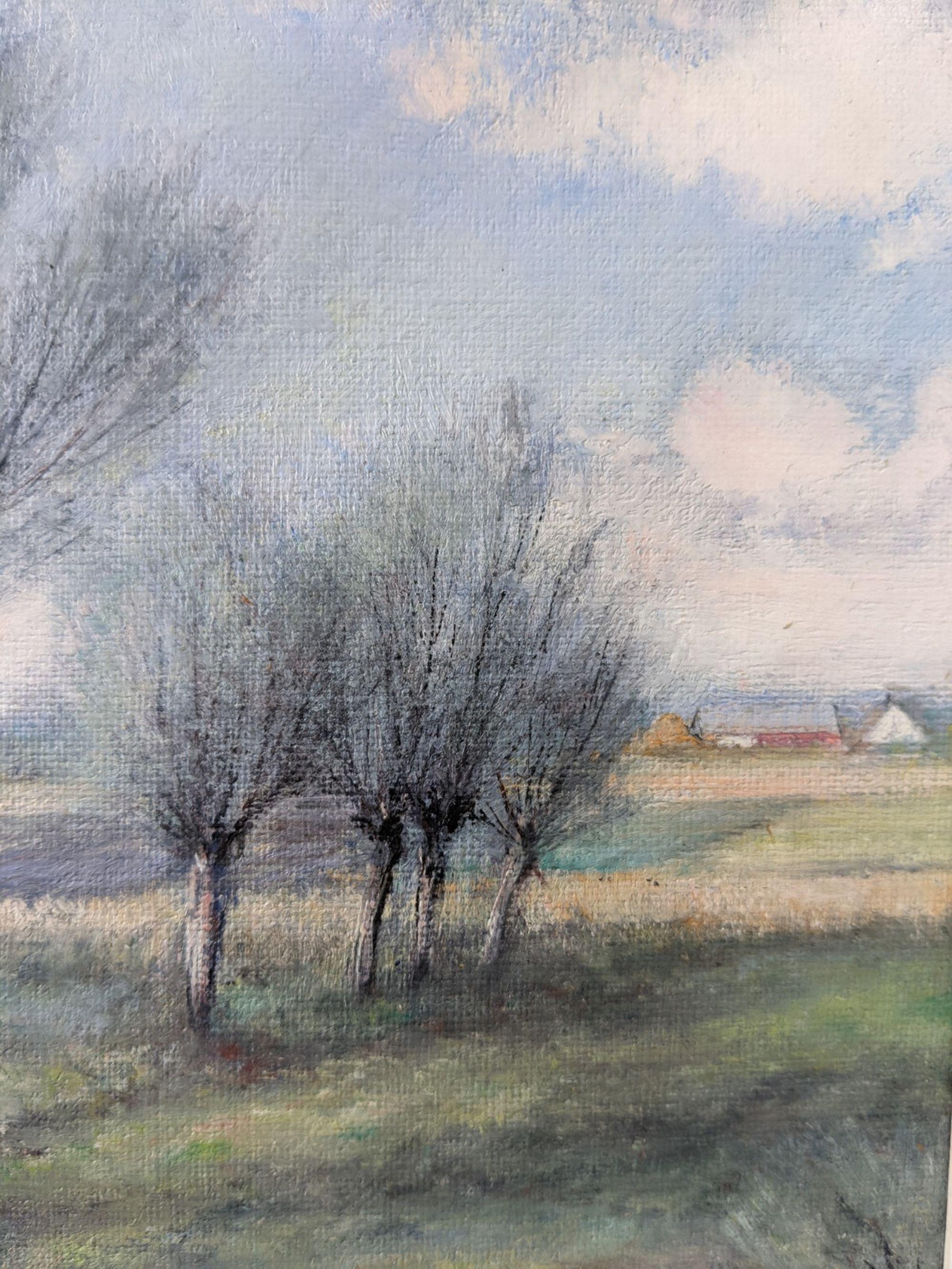 WINTER FIELDS
Size: 43 x 38 cm (including frame)
Oil on canvas

An intricately detailed mid century oil composition, painted onto canvas.

A line of denuded trees tempt the viewer to look deeper into the painting, drawing our attention the little