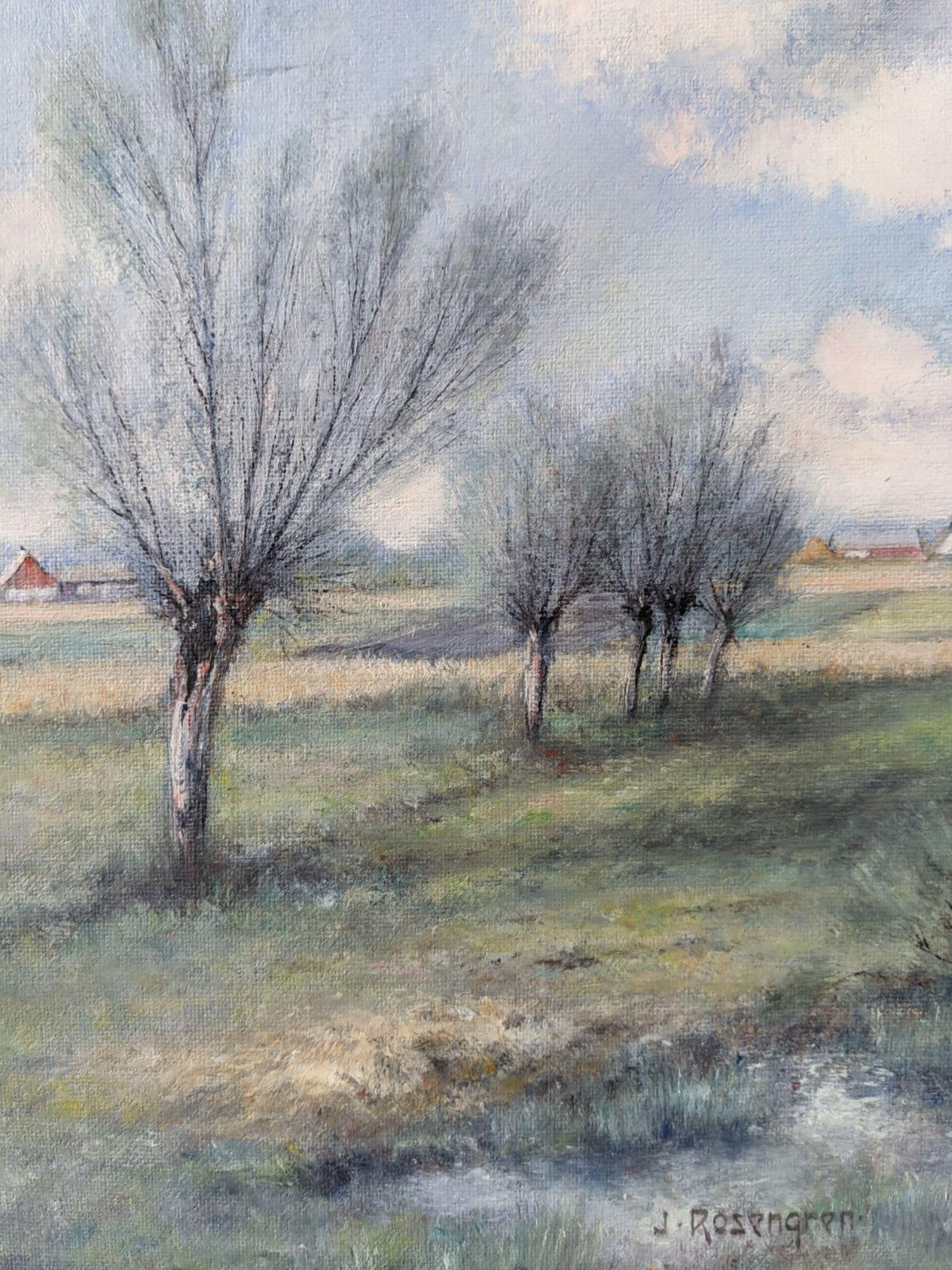 Mid-Century Modern Swedish Oil Painting, Framed Landscape - Winter Fields 2