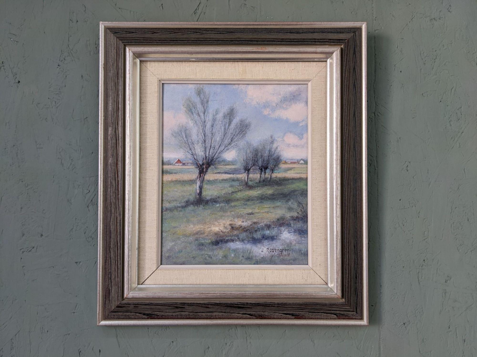 Mid-Century Modern Swedish Oil Painting, Framed Landscape - Winter Fields 4