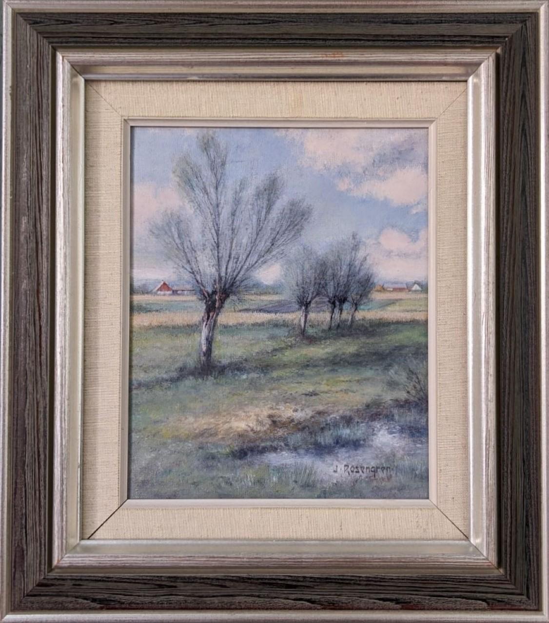 Unknown Landscape Painting - Mid-Century Modern Swedish Oil Painting, Framed Landscape - Winter Fields