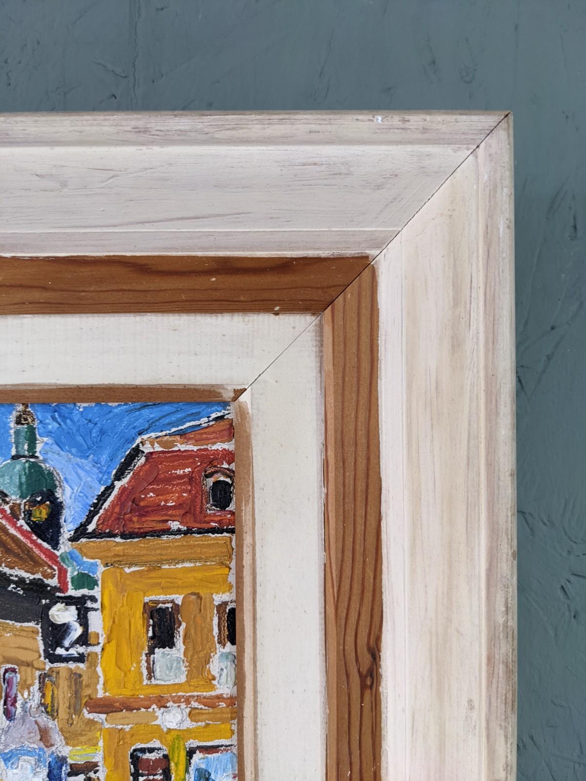 Mid-Century Modern Swedish Oil Painting, Framed Street Scene - Pedestrians For Sale 1