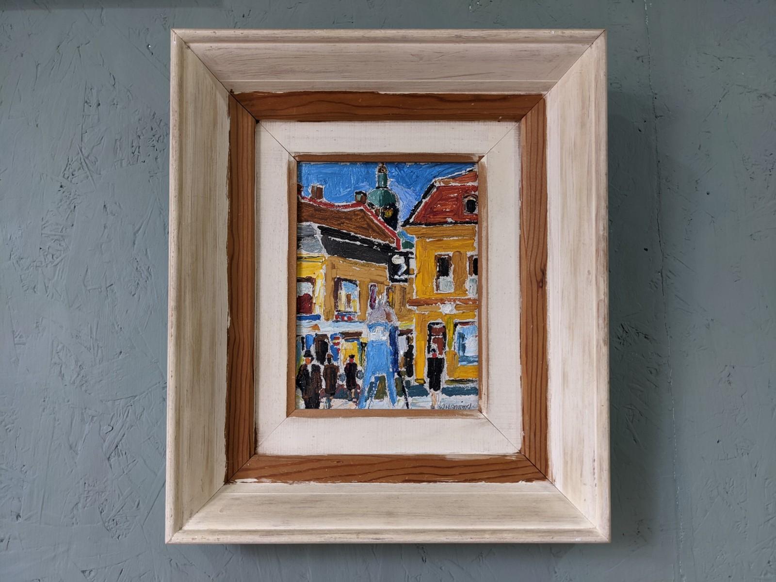 Mid-Century Modern Swedish Oil Painting, Framed Street Scene - Pedestrians For Sale 6