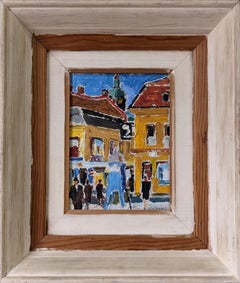 Mid-Century Modern Swedish Oil Painting, Framed Street Scene - Pedestrians
