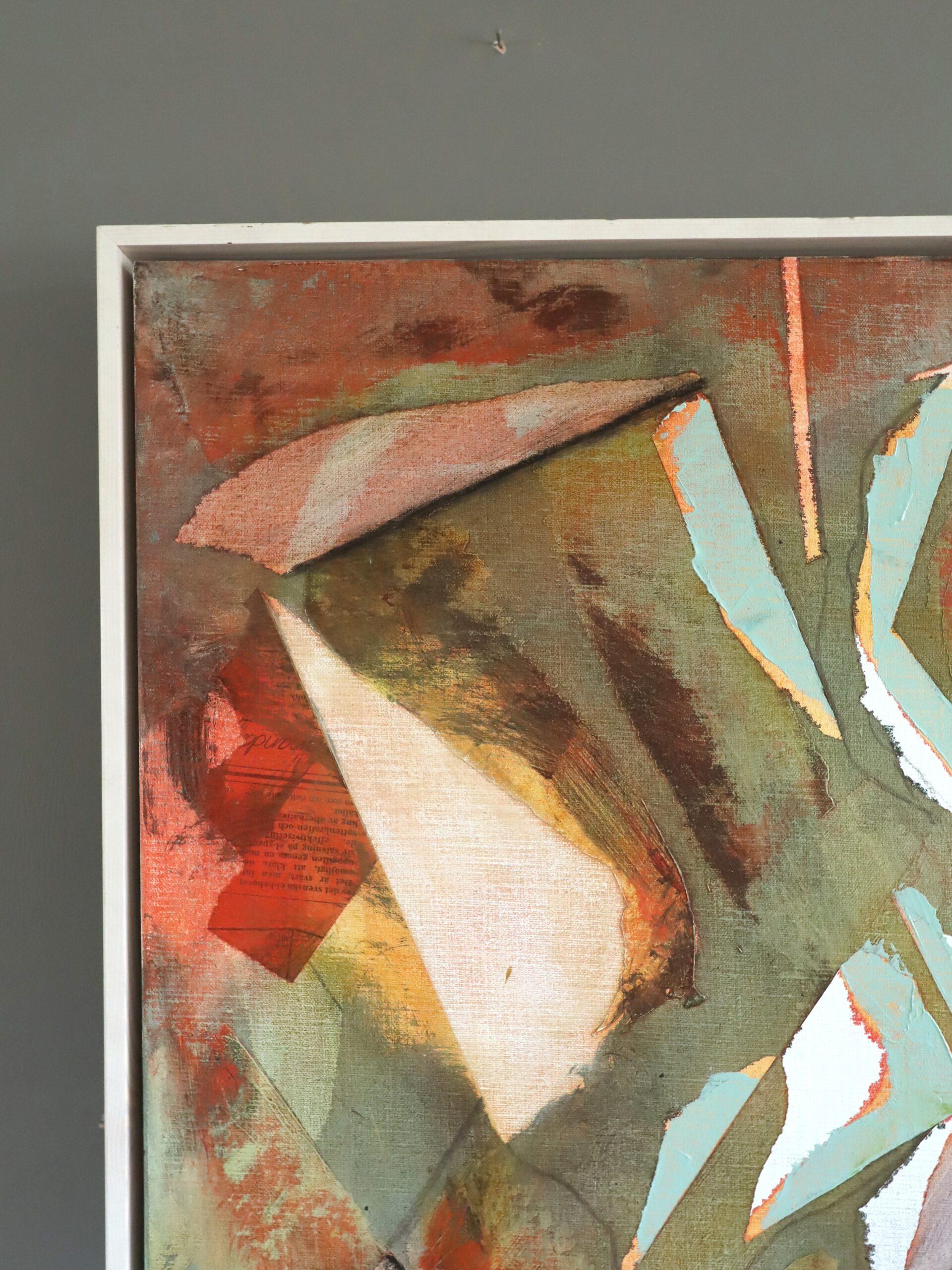 INTERPLAY
Gemischte Medien auf Leinwand
Größe: 72 x 66 cm (einschließlich Rahmen)

Eine große, auffällige und sehr ausgewogene abstrakte Komposition, gemalt in Öl mit Collageflächen.

Dieses Gemälde zeichnet sich durch ein dynamisches Zusammenspiel
