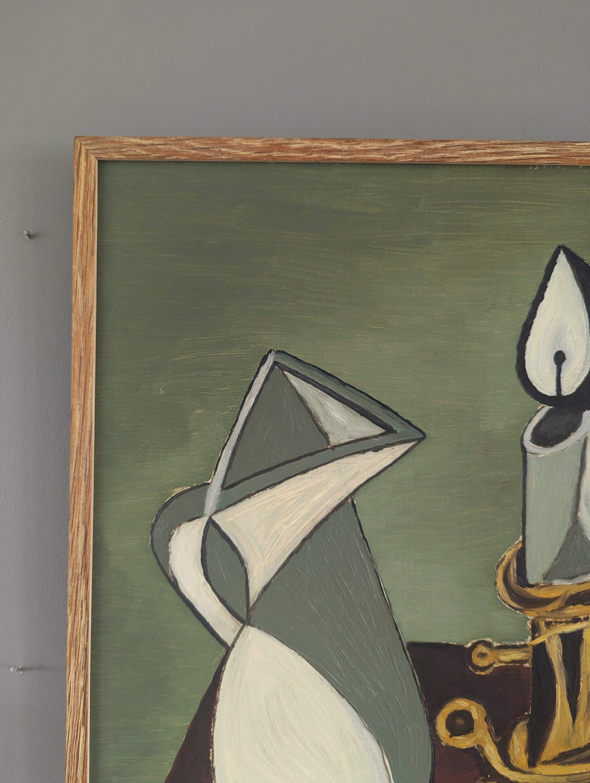 Peinture à l'huile abstraite originale suédoise The Moderns - Nature morte dans les angles - Gris Still-Life Painting par Unknown