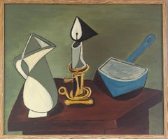 Mid-Century Modern Swedish Original Abstract Oil Painting - Still Life in Angles