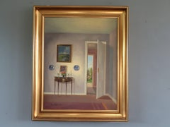 Mid Century modern Swedish Original Interior Oil Painting - The Open Door
