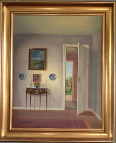 Mid Century modern Swedish Original Interior Oil Painting - The Open Door