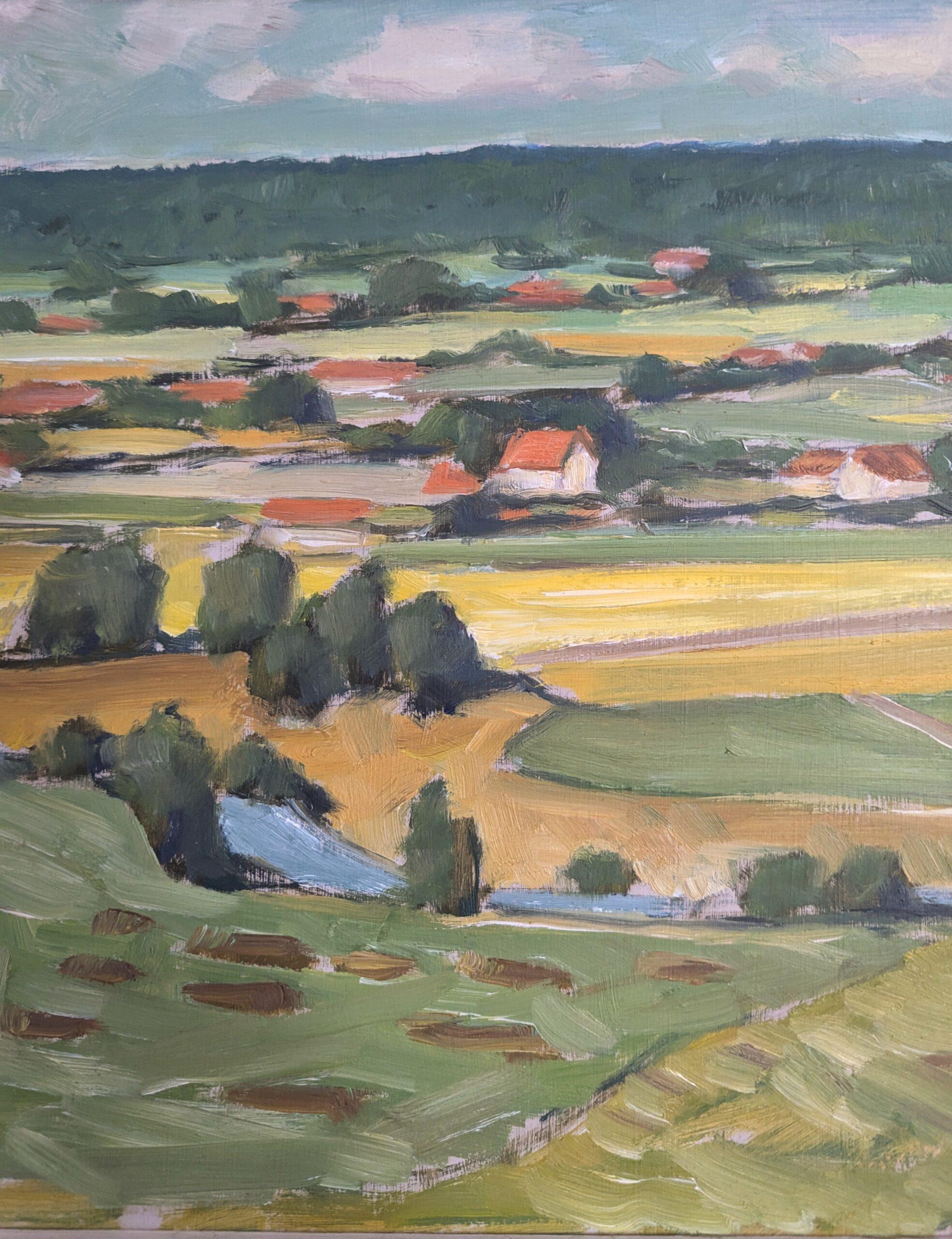 Pintura al óleo original sueca de mediados de siglo sobre un paisaje - Campos de verano en venta 5