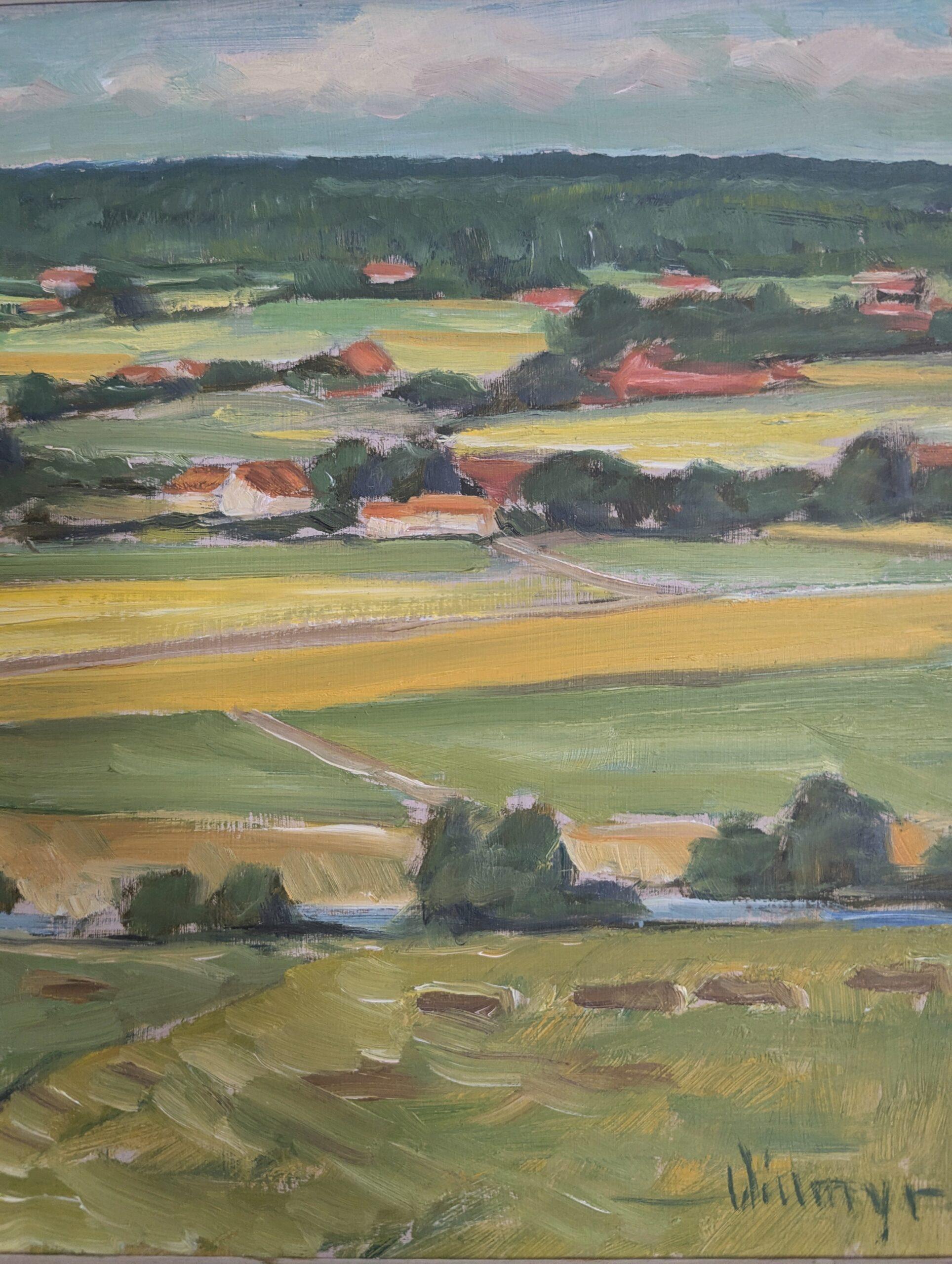 Pintura al óleo original sueca de mediados de siglo sobre un paisaje - Campos de verano en venta 6
