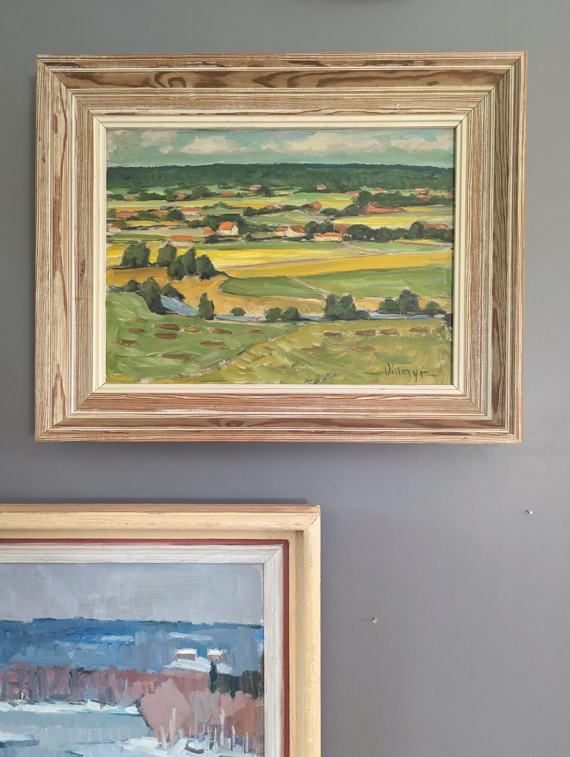 Pintura al óleo original sueca de mediados de siglo sobre un paisaje - Campos de verano - Landscape Painting Marrón de Unknown