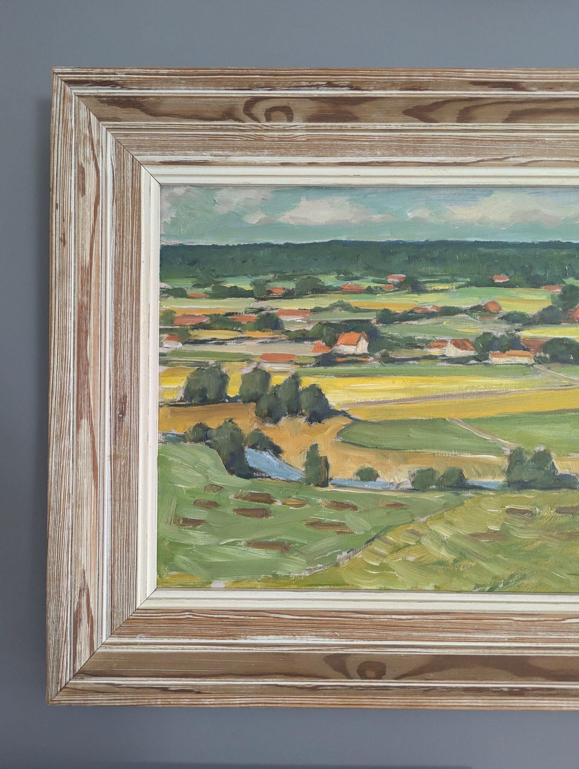 Pintura al óleo original sueca de mediados de siglo sobre un paisaje - Campos de verano en venta 2