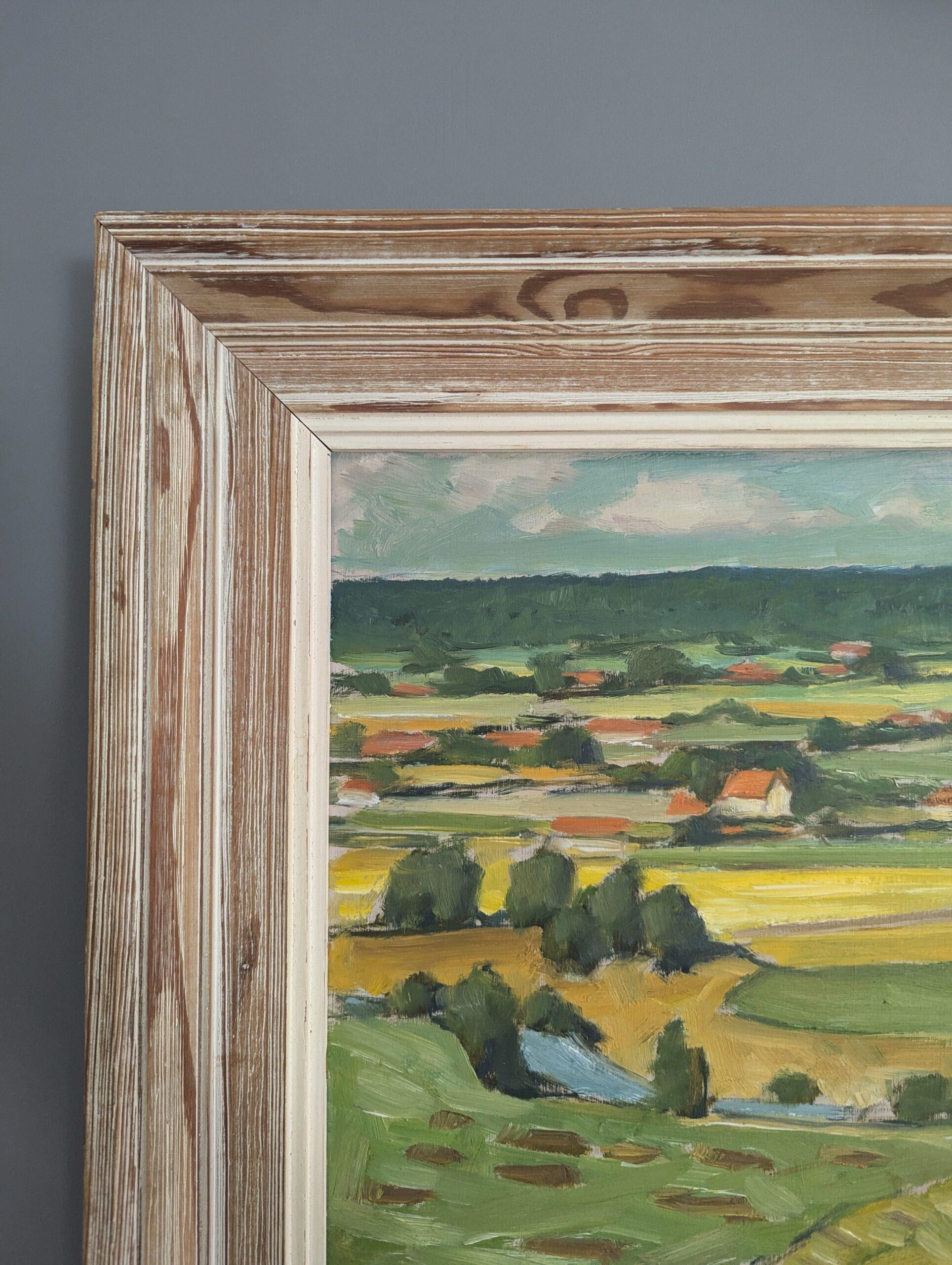 Pintura al óleo original sueca de mediados de siglo sobre un paisaje - Campos de verano en venta 3