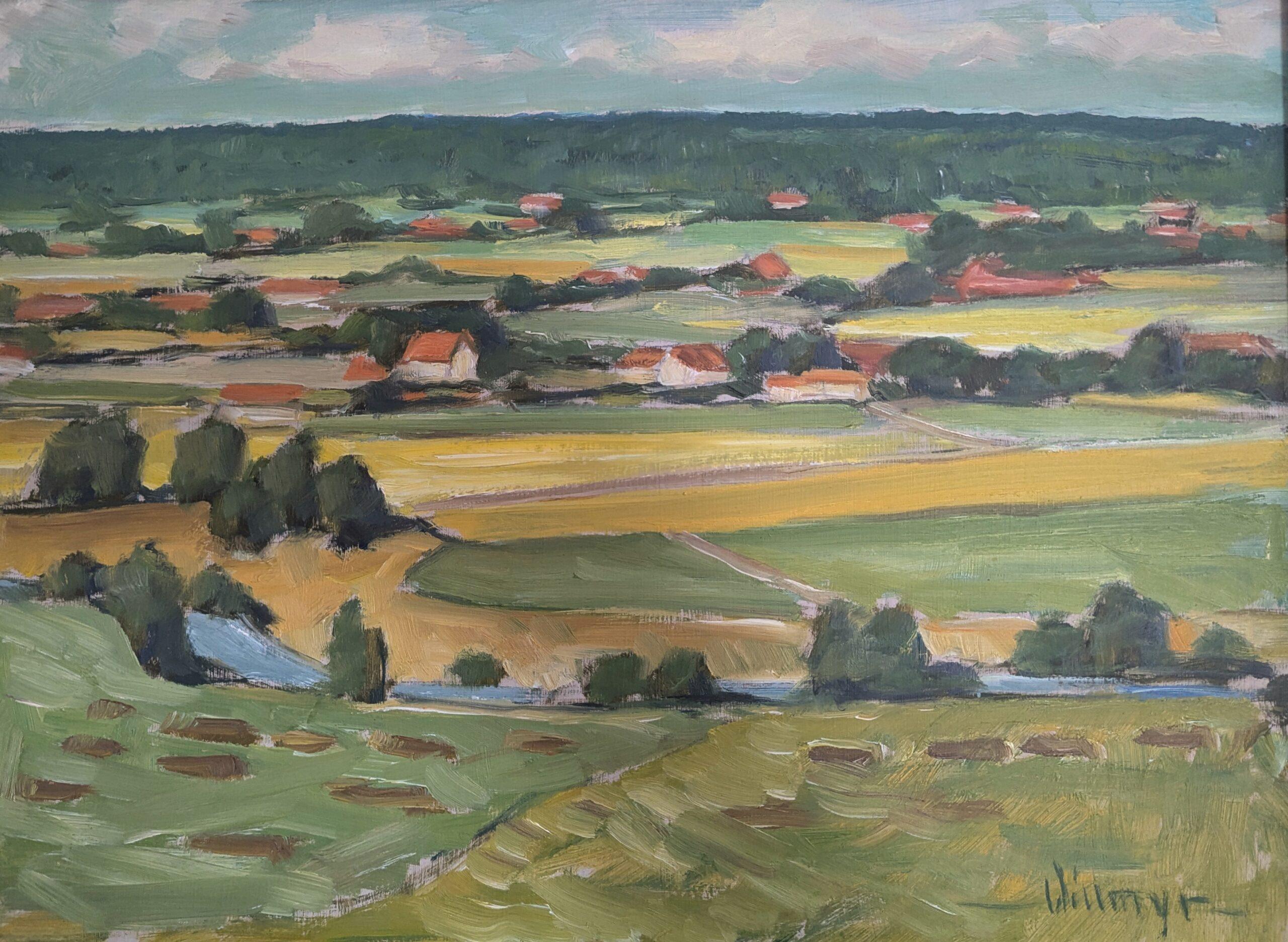 Pintura al óleo original sueca de mediados de siglo sobre un paisaje - Campos de verano en venta 4