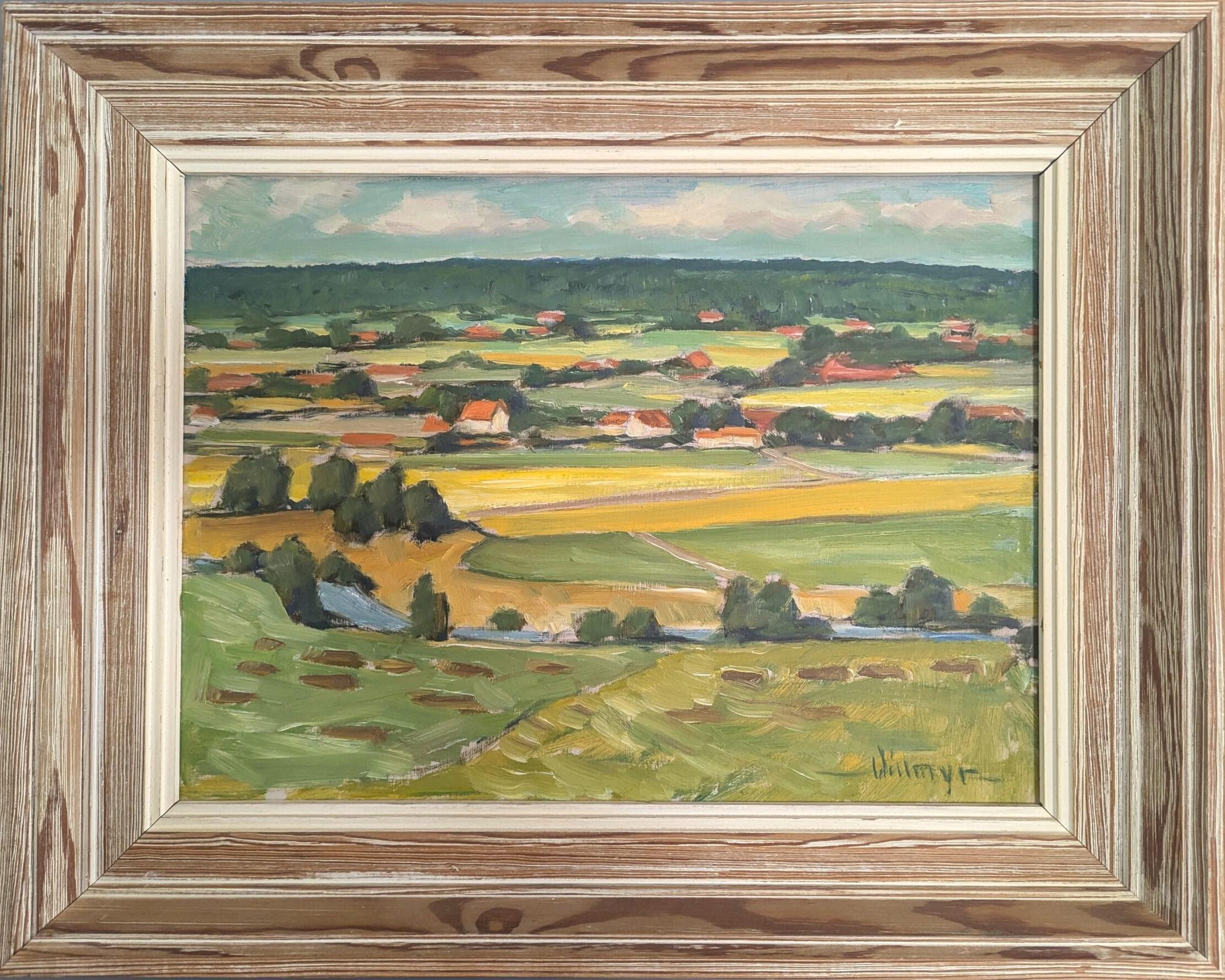 Landscape Painting de Unknown - Pintura al óleo original sueca de mediados de siglo sobre un paisaje - Campos de verano