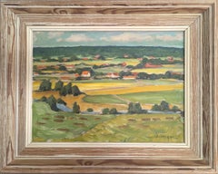 Pintura al óleo original sueca de mediados de siglo sobre un paisaje - Campos de verano