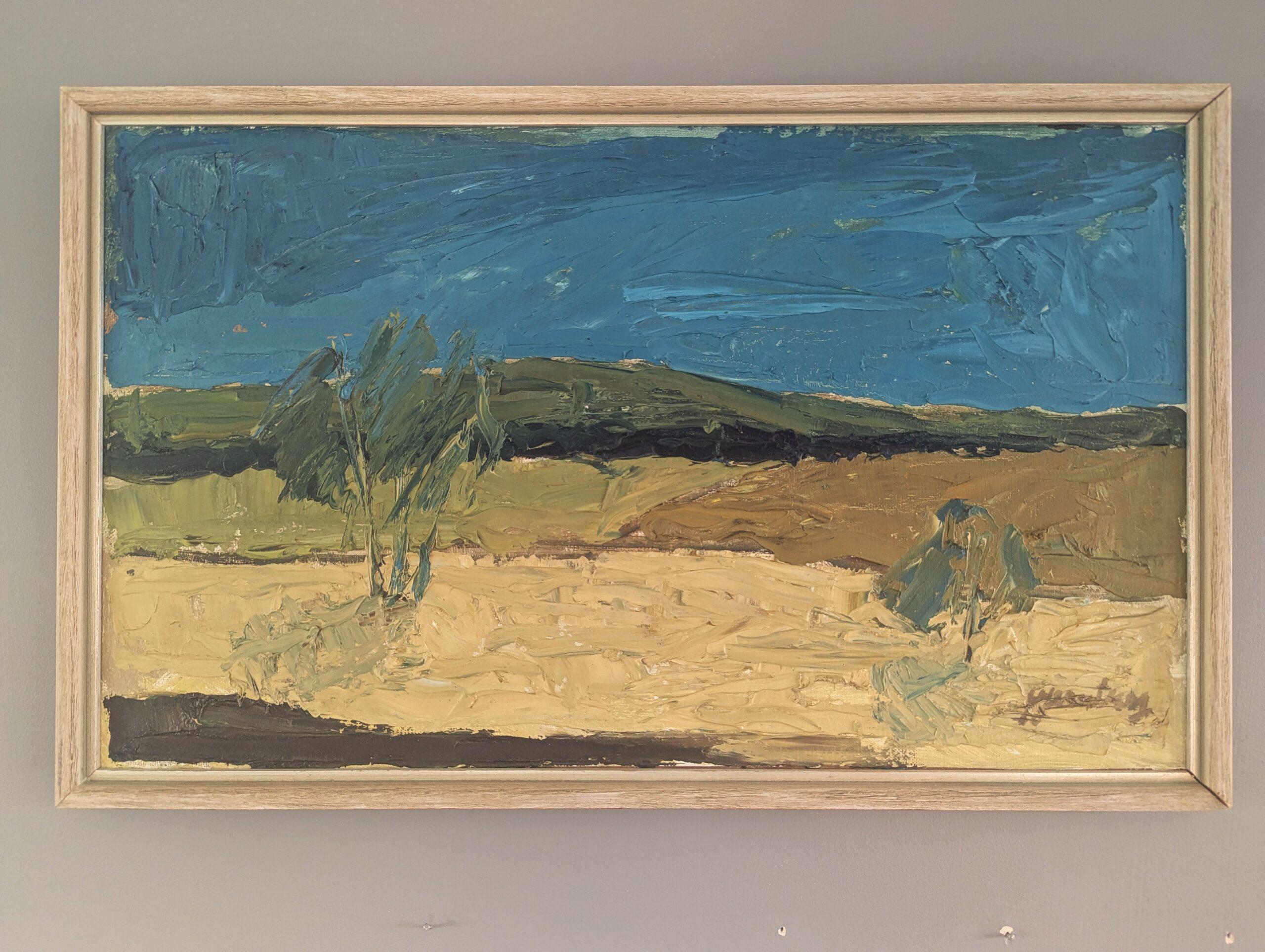 Mid Century Modern Swedish Original Landscape Oil Painting - Rural Terrain - Gray Landscape Painting by Unknown