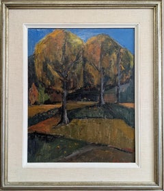 Mid Century Modern Swedish Original Landscape Oil Painting - Trees in Autumn