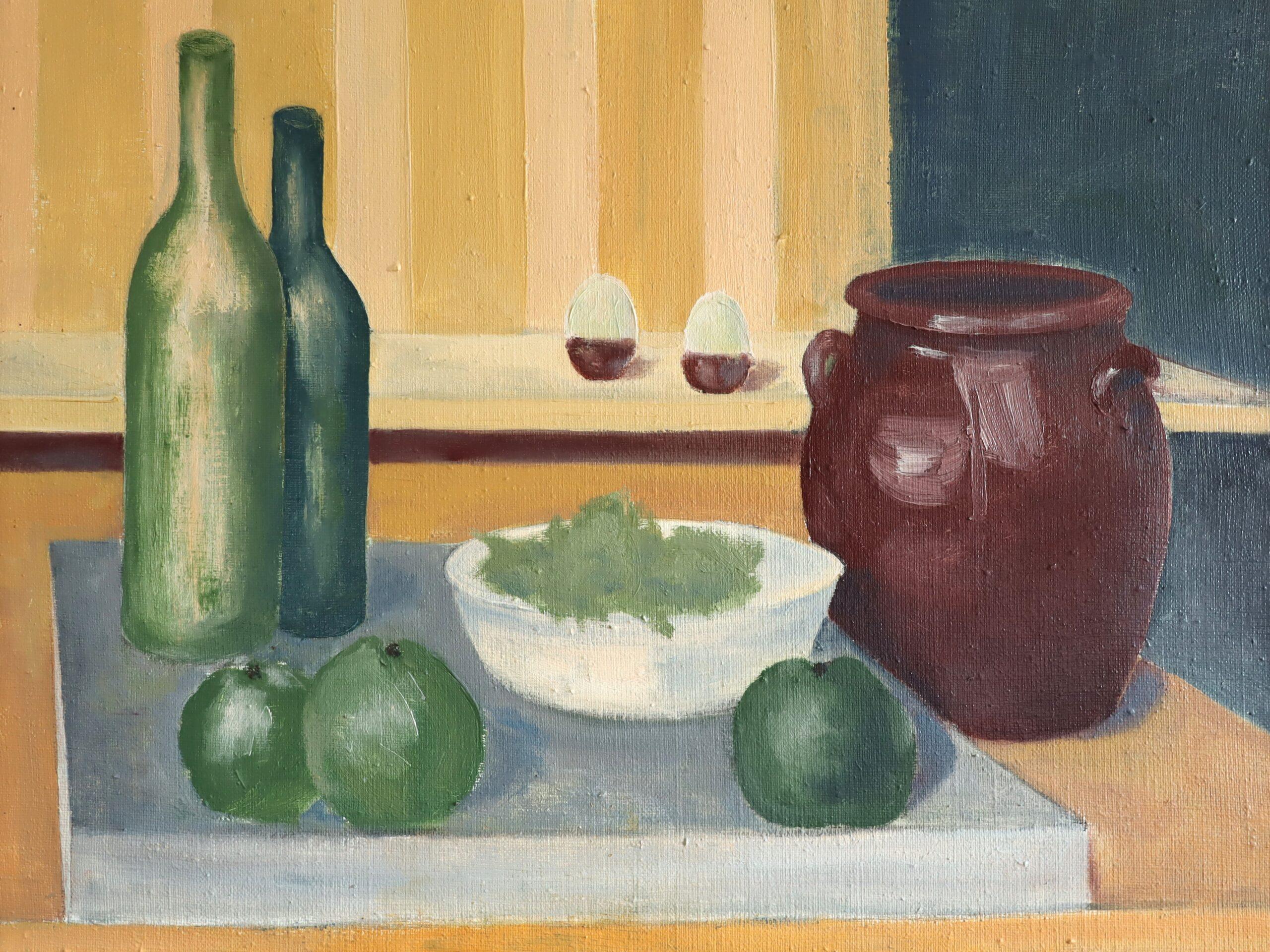 Peinture à l'huile originale suédoise du milieu du siècle dernier - Nature morte avec bouteilles vertes en vente 5