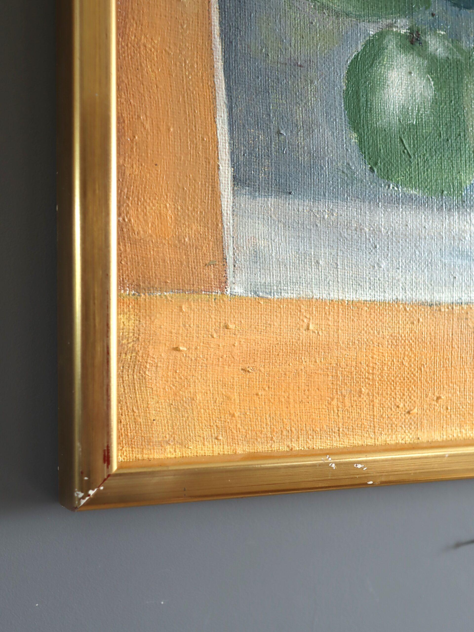 Peinture à l'huile originale suédoise du milieu du siècle dernier - Nature morte avec bouteilles vertes en vente 6