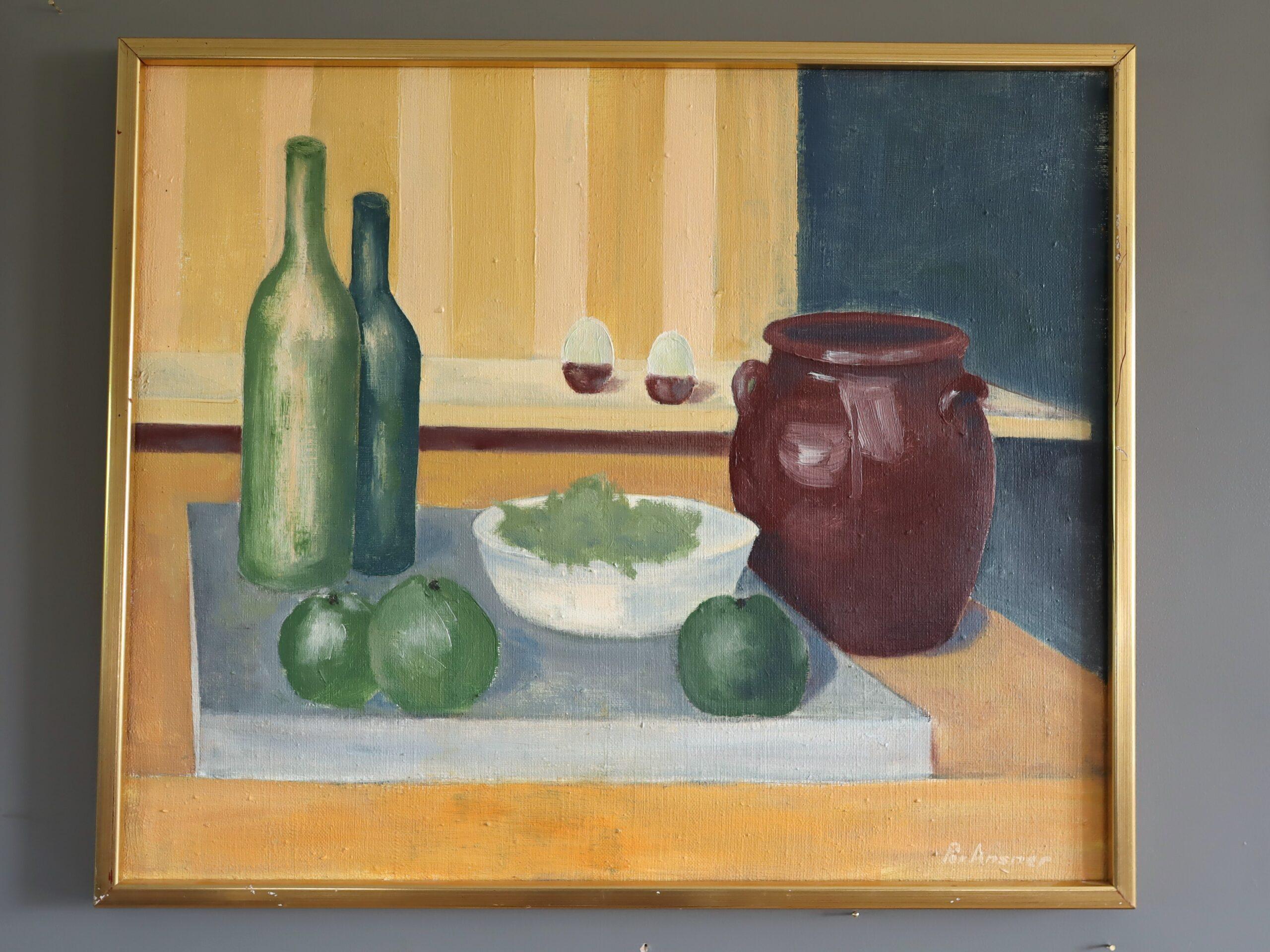Peinture à l'huile originale suédoise du milieu du siècle dernier - Nature morte avec bouteilles vertes - Painting de Unknown