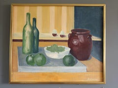 Mid Century Modern Swedish Original Oil Painting - Still Life with Green Bottles