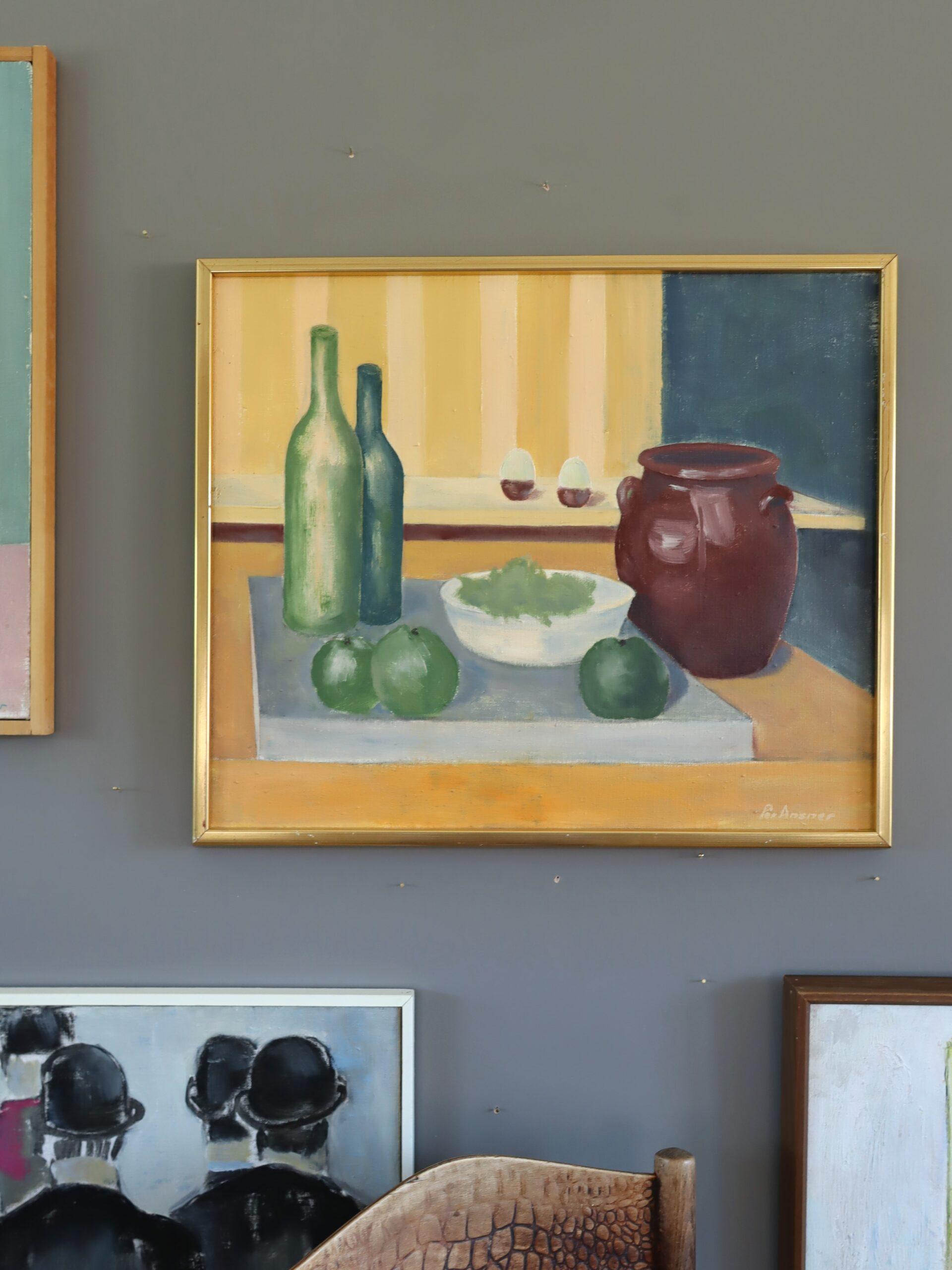 Peinture à l'huile originale suédoise du milieu du siècle dernier - Nature morte avec bouteilles vertes - Moderne Painting par Unknown