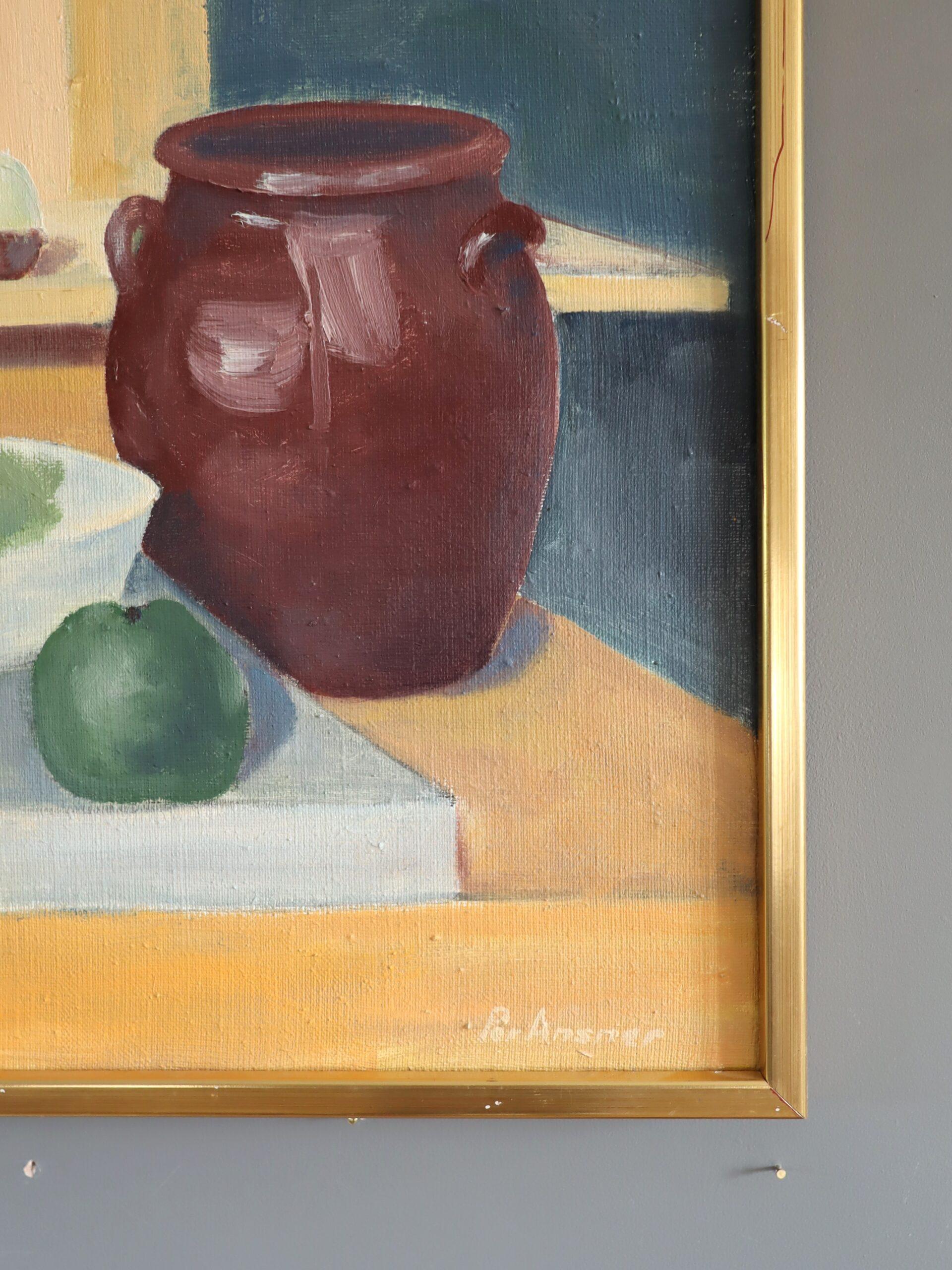 Peinture à l'huile originale suédoise du milieu du siècle dernier - Nature morte avec bouteilles vertes en vente 1