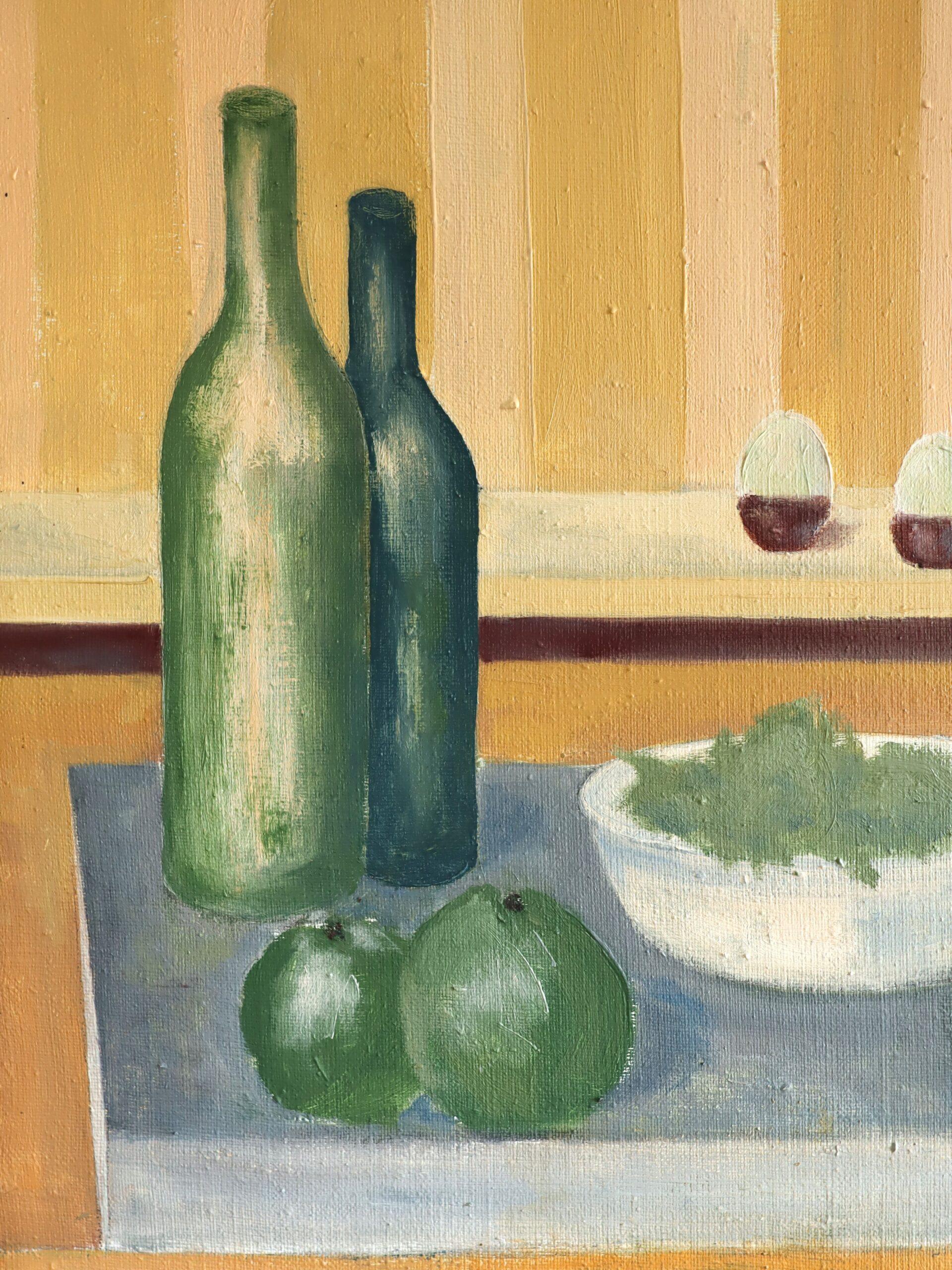 Peinture à l'huile originale suédoise du milieu du siècle dernier - Nature morte avec bouteilles vertes en vente 3