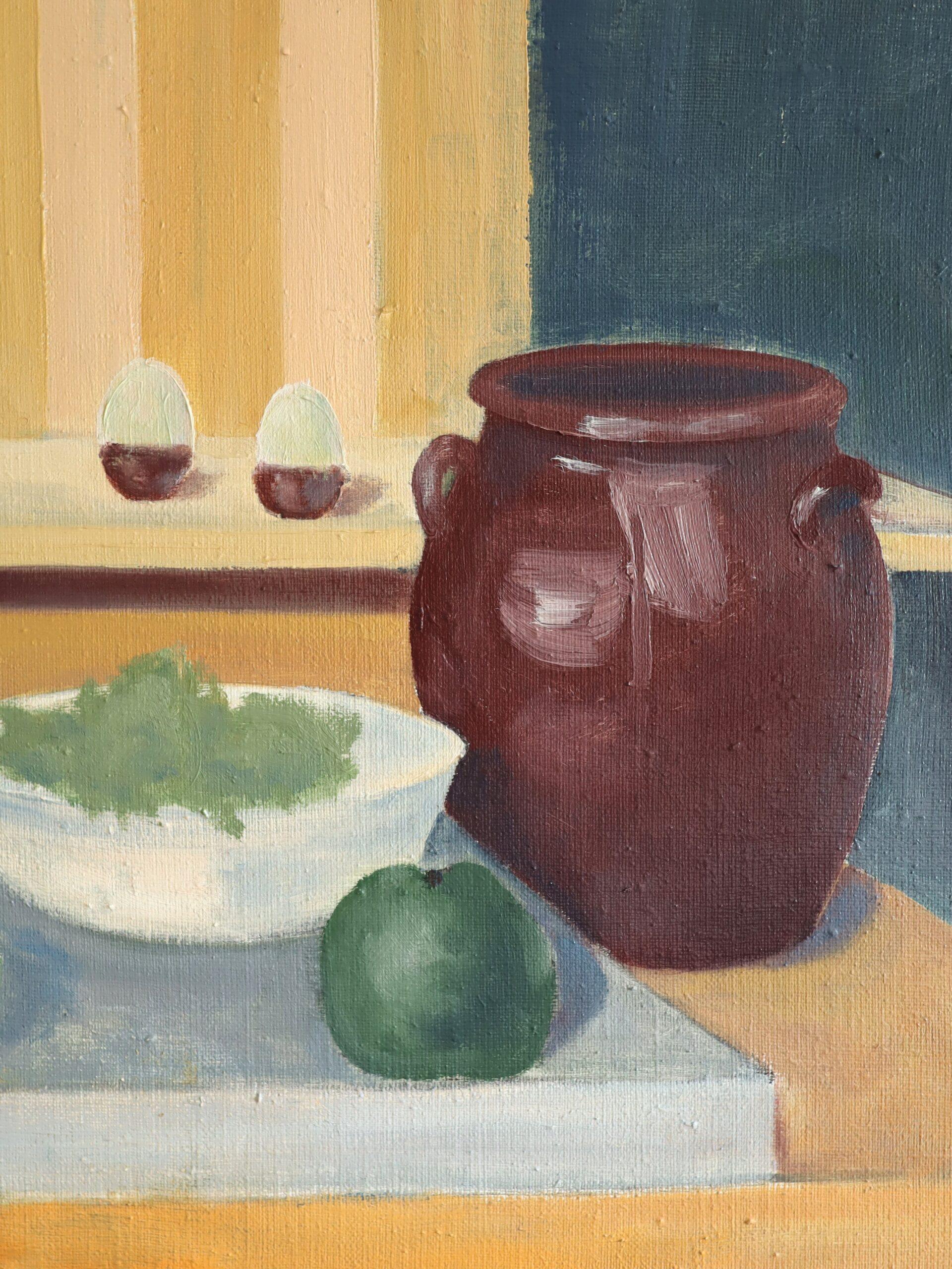 Peinture à l'huile originale suédoise du milieu du siècle dernier - Nature morte avec bouteilles vertes en vente 4