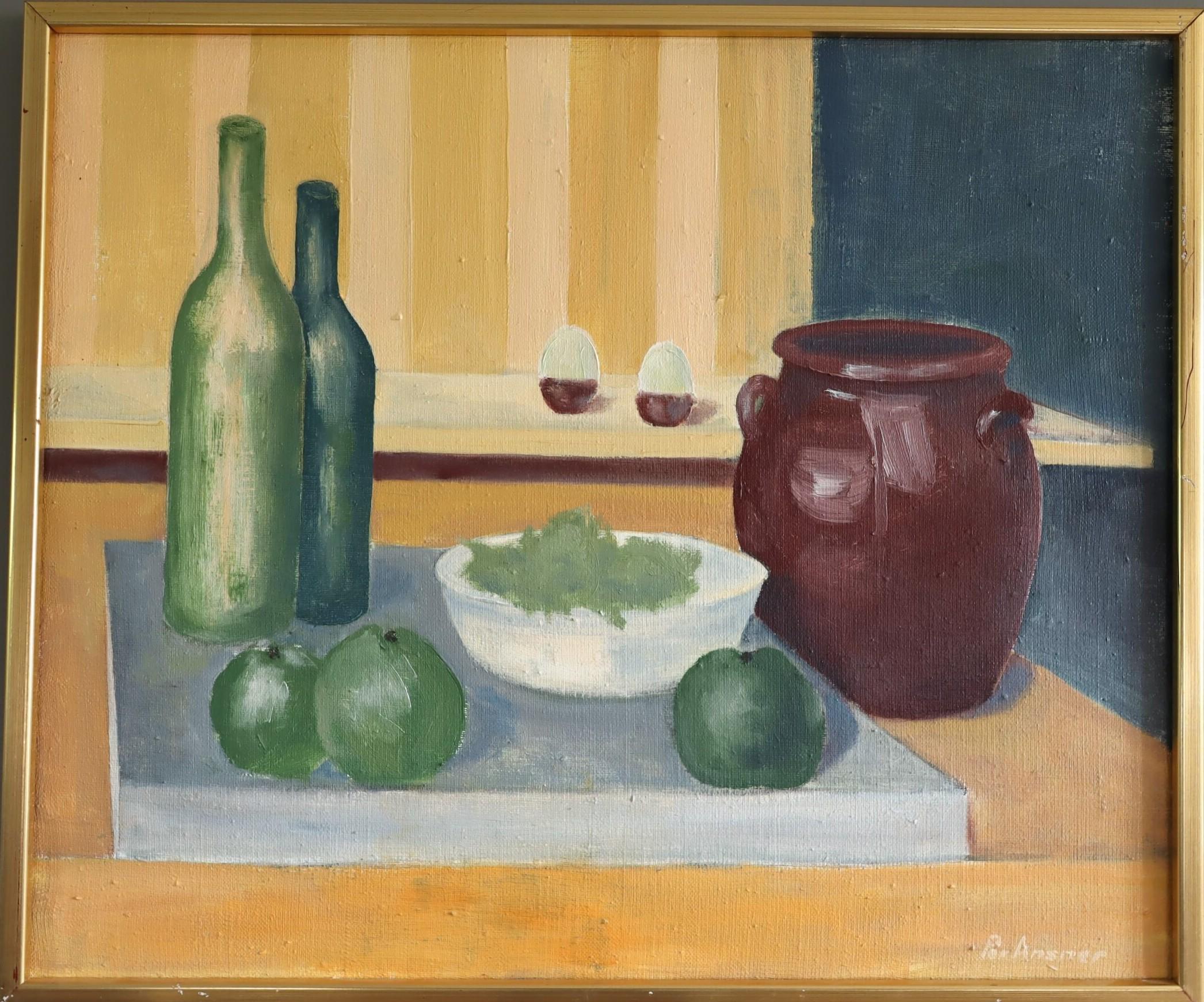 Pittura ad olio originale svedese del Mid Century Modern - Natura morta con bottiglie verdi