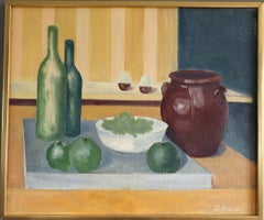 Vintage Mid Century Modern Swedish Original Oil Painting - Still Life with Green Bottles