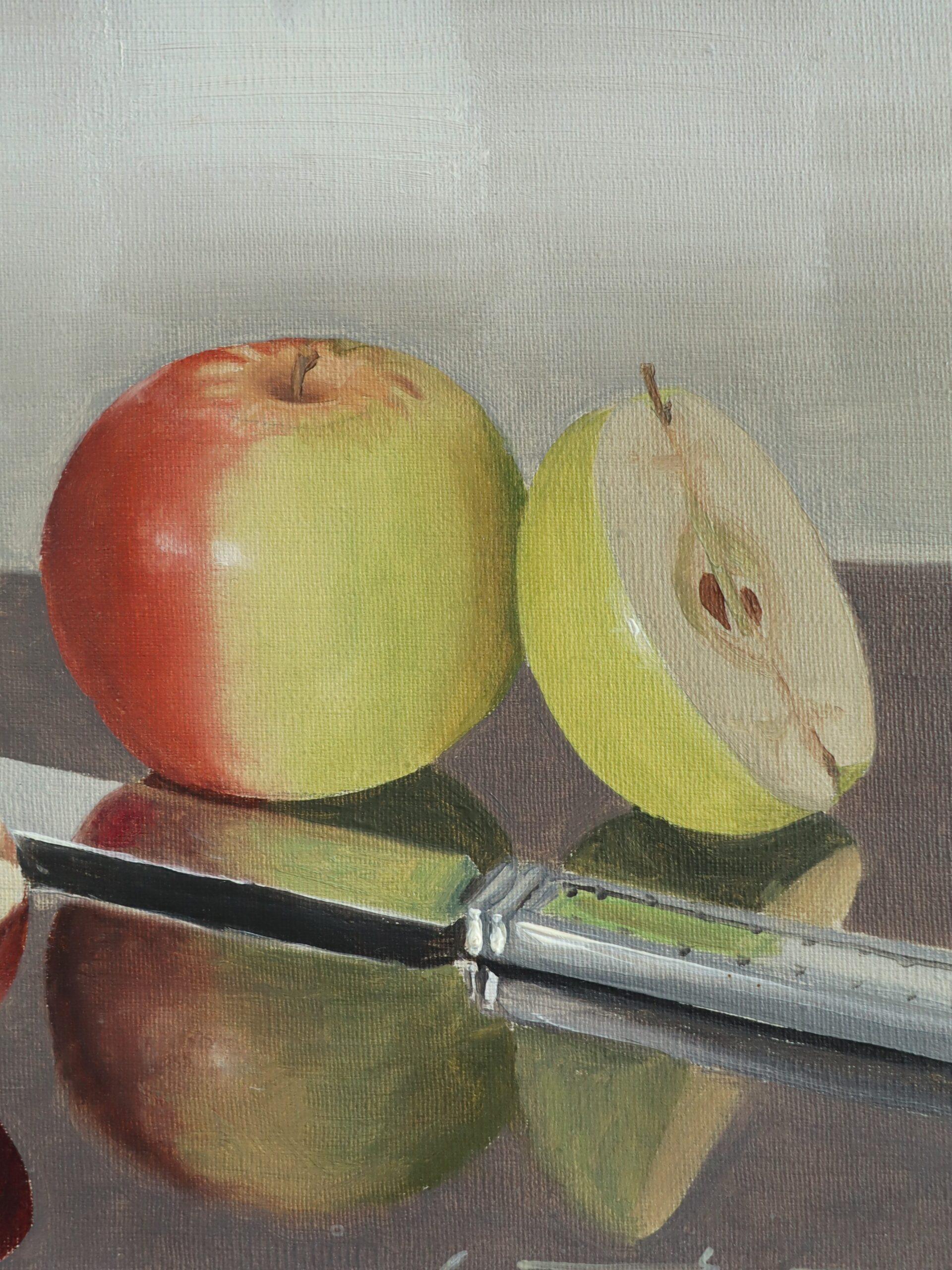 Mid Century Modern Schwedisch Realismus Stillleben Ölgemälde - Apfel Reflexion im Angebot 6