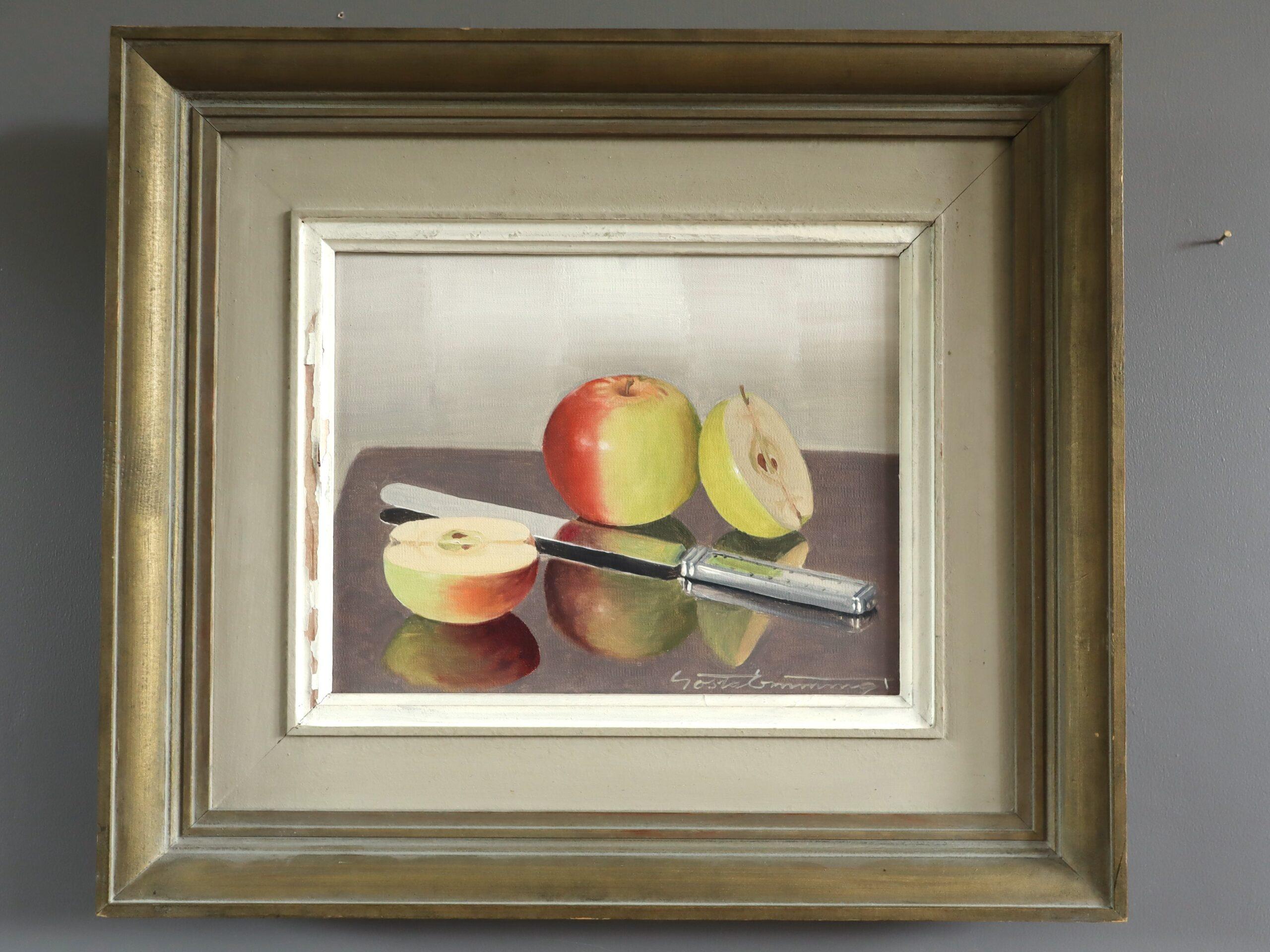 Mid Century Modern Schwedisch Realismus Stillleben Ölgemälde - Apfel Reflexion – Painting von Unknown