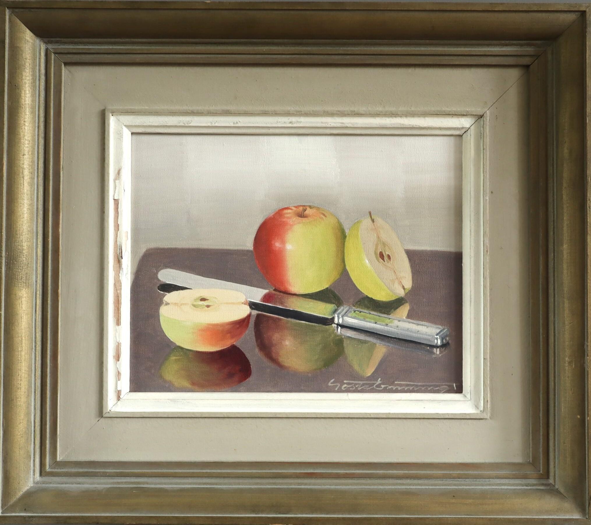 Unknown Still-Life Painting – Mid Century Modern Schwedisch Realismus Stillleben Ölgemälde - Apfel Reflexion