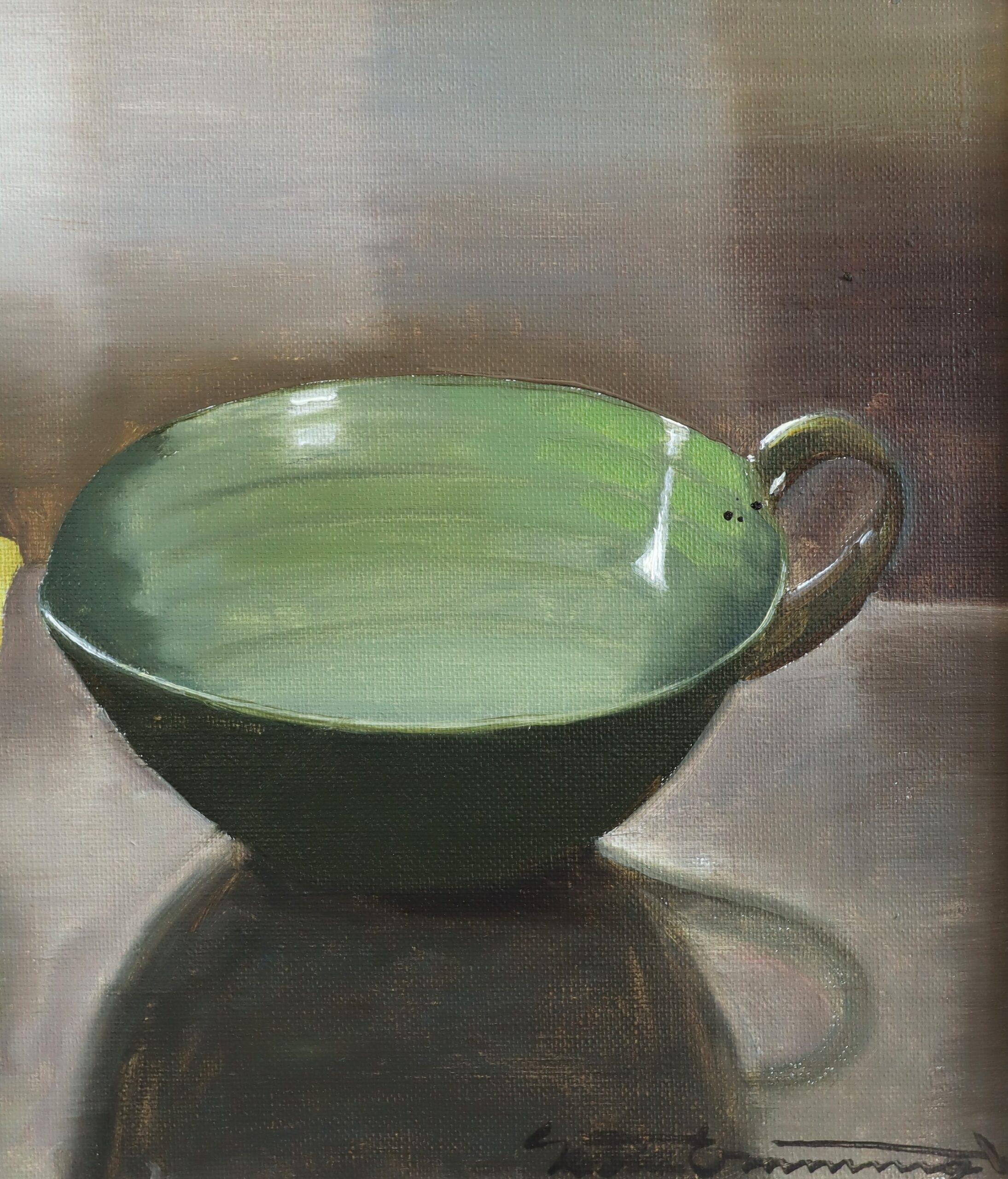 Nature morte à l'huile de réalisme suédois du milieu du siècle dernier - Coupe verte et citron en vente 5