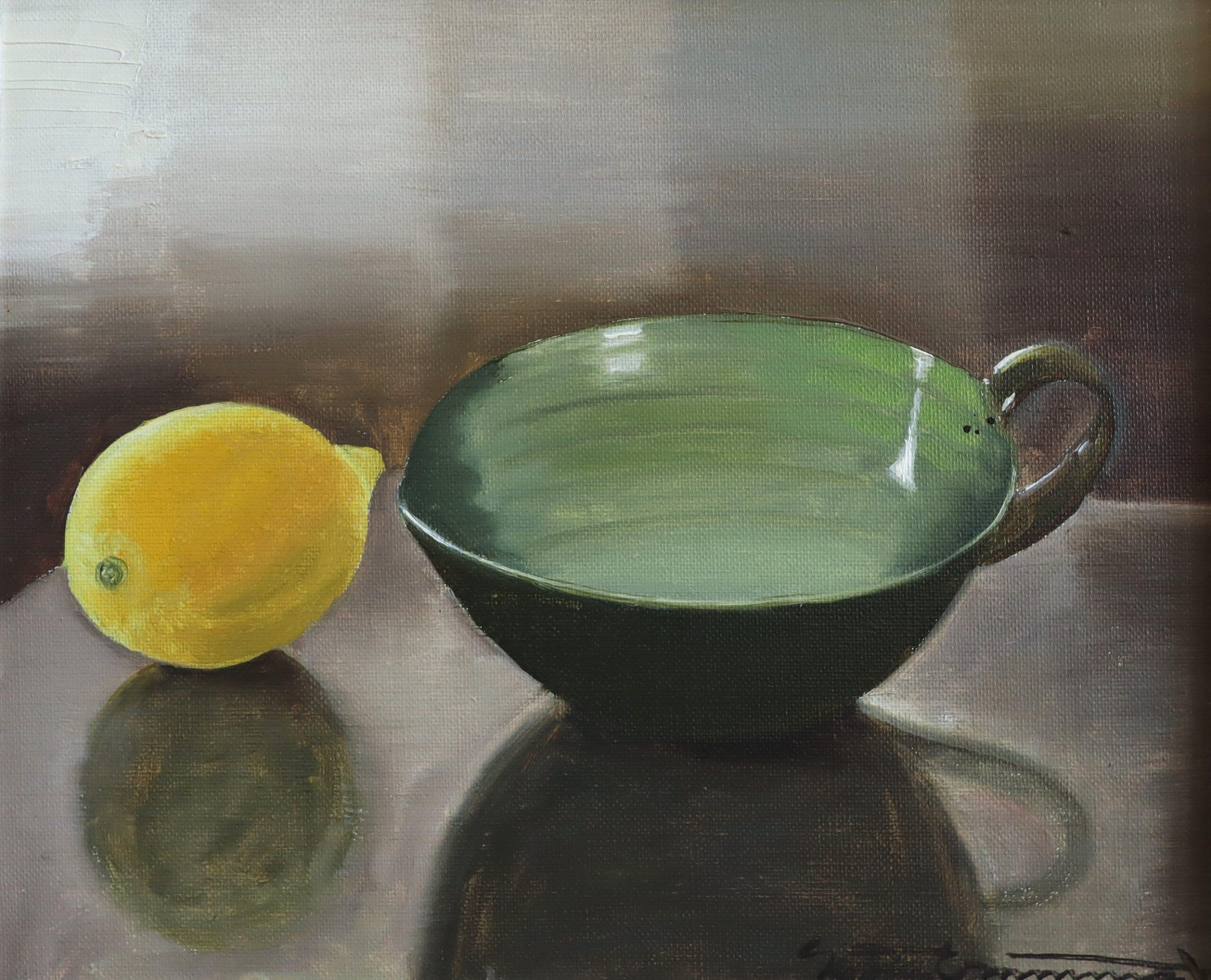 Nature morte à l'huile de réalisme suédois du milieu du siècle dernier - Coupe verte et citron en vente 3