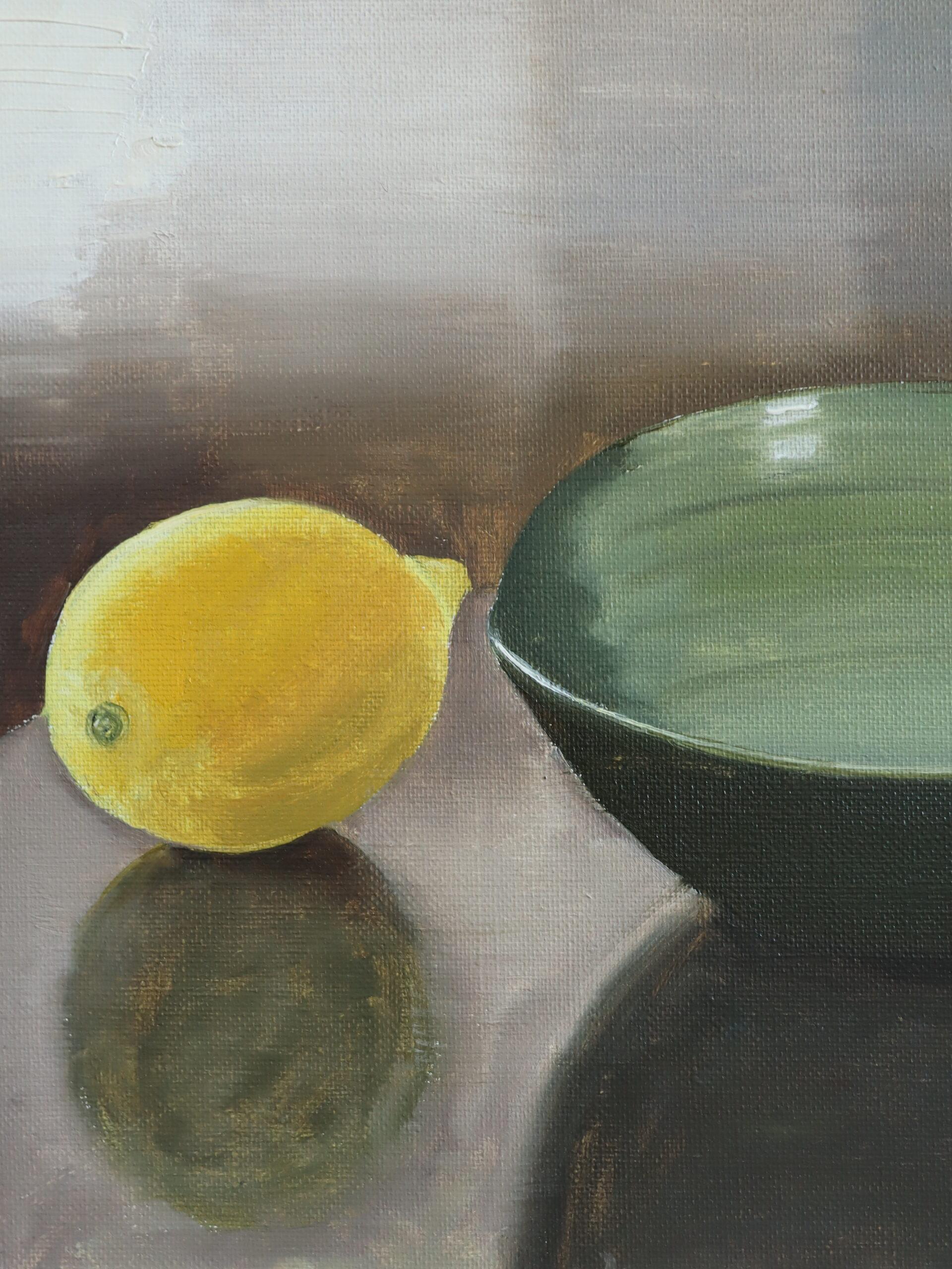 Nature morte à l'huile de réalisme suédois du milieu du siècle dernier - Coupe verte et citron en vente 4